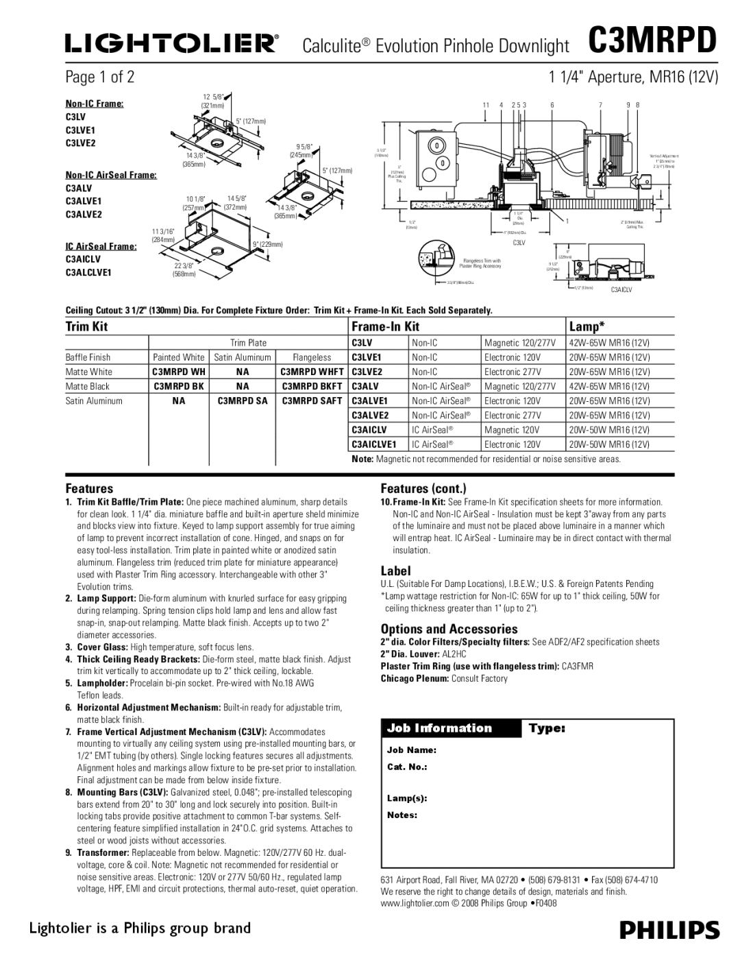 Lightolier C3MRPD specifications Trim Kit Frame-In Kit Lamp, Features, Label, Options and Accessories 