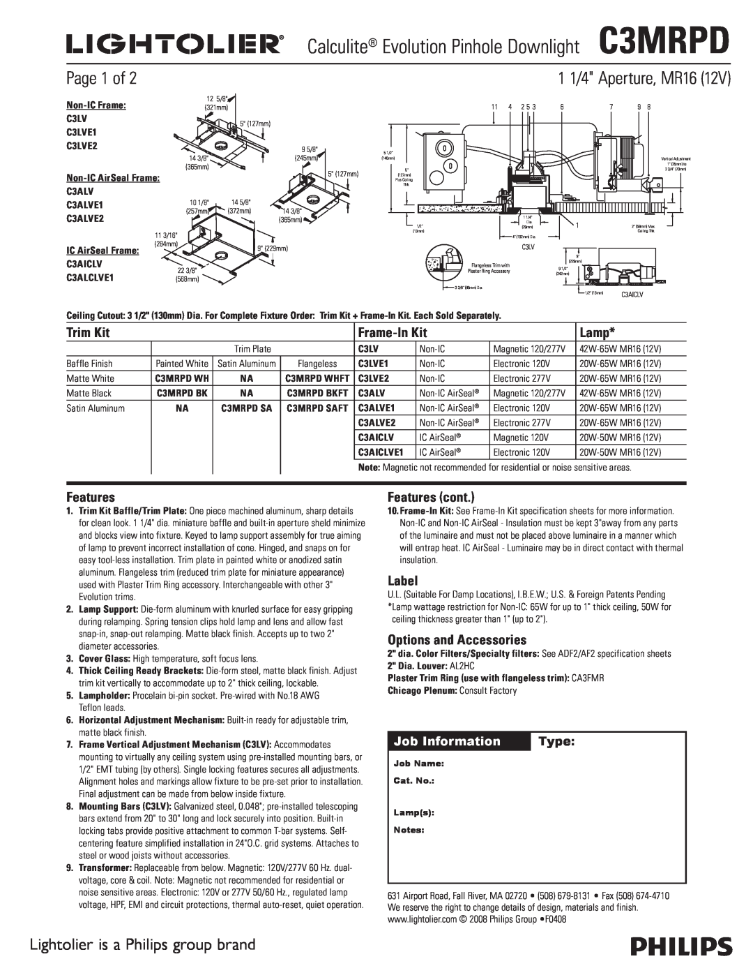 Lightolier C3MRPD specifications Page 1 of, 1 1/4 Aperture, MR16, Lightolier is a Philips group brand, Job Information 