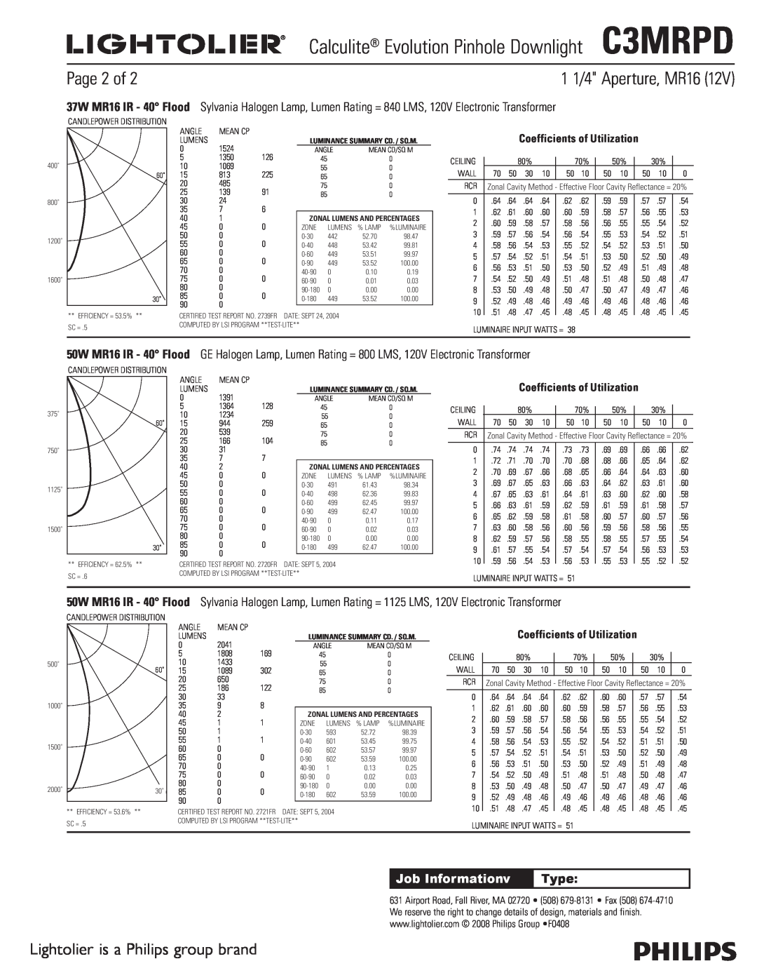 Lightolier Calculite Evolution Pinhole DownlightC3MRPD, Page 2 of, Job Informationv, 1 1/4 Aperture, MR16, Type 