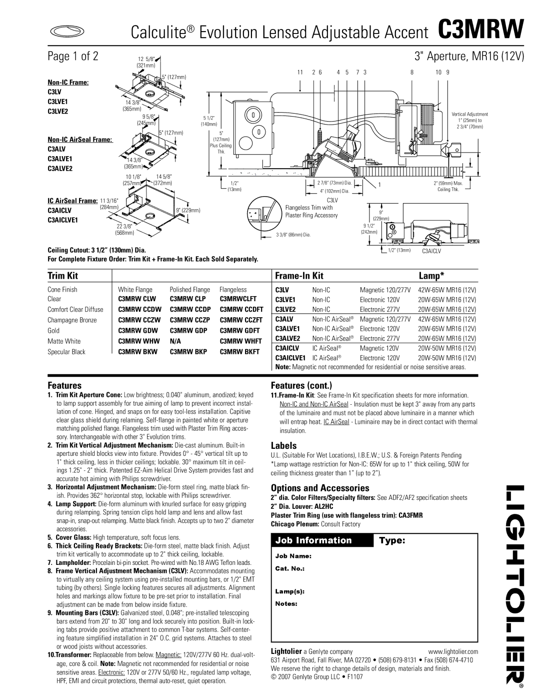 Lightolier C3MRW specifications Trim Kit Frame-In Kit Lamp, Features, Labels, Options and Accessories 