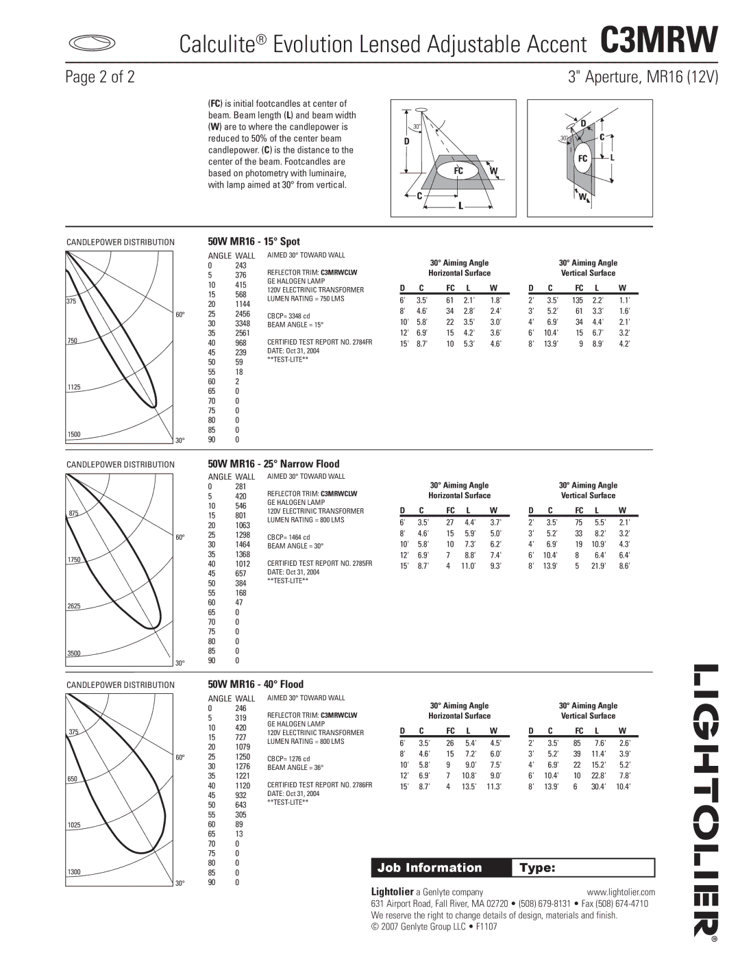 Lightolier C3MRW specifications 50W mr16 15 Spot, 50W mr16 25 Narrow Flood, 50W mr16 40 Flood 