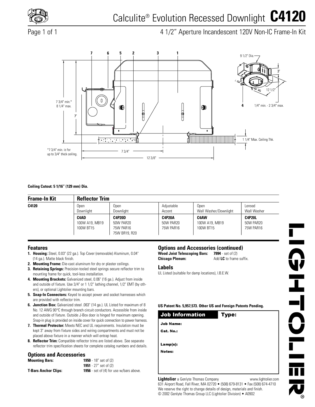 Lightolier specifications Calculite Evolution Recessed Downlight C4120 