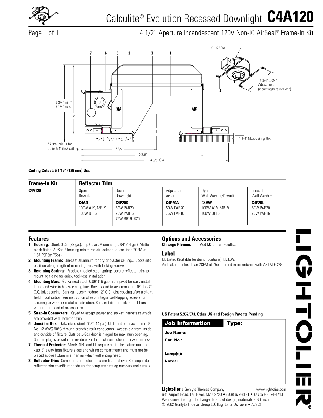 Lightolier instruction sheet Calculite Evolution Recessed Downlight C4A120 