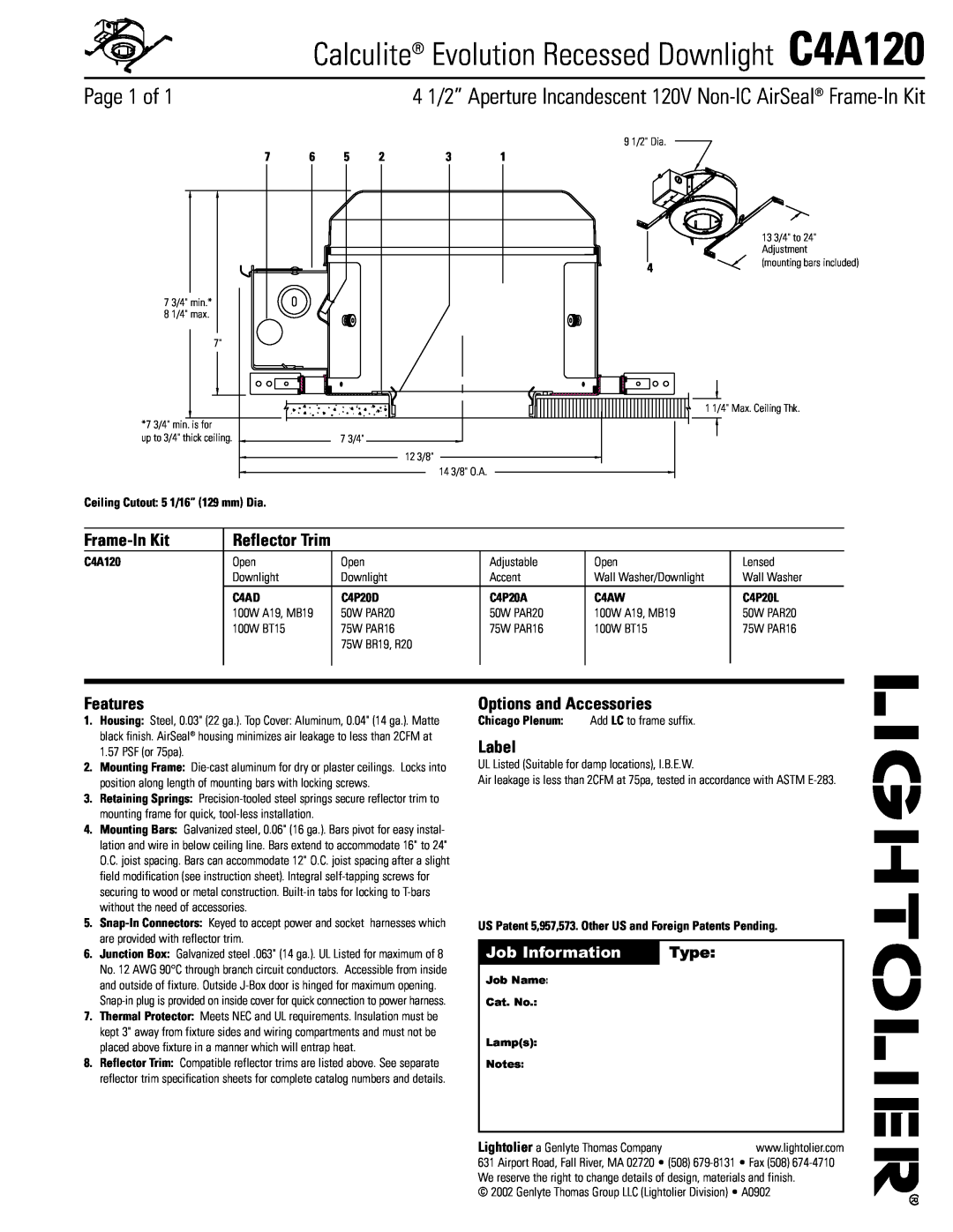 Lightolier instruction sheet Calculite Evolution Recessed Downlight C4A120, Page 1 of, Frame-InKit, Features, Label 