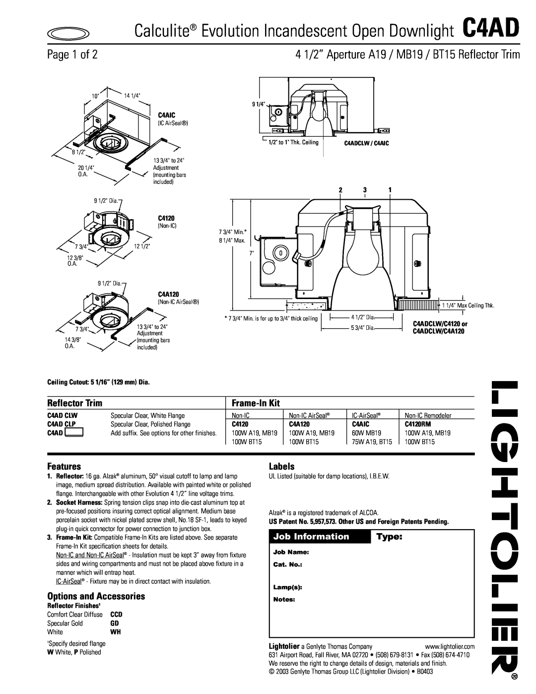 Lightolier C4AD specifications Page 1 of, 4 1/2” Aperture A19 / MB19 / BT15 Reflector Trim, Frame-InKit, Job Information 
