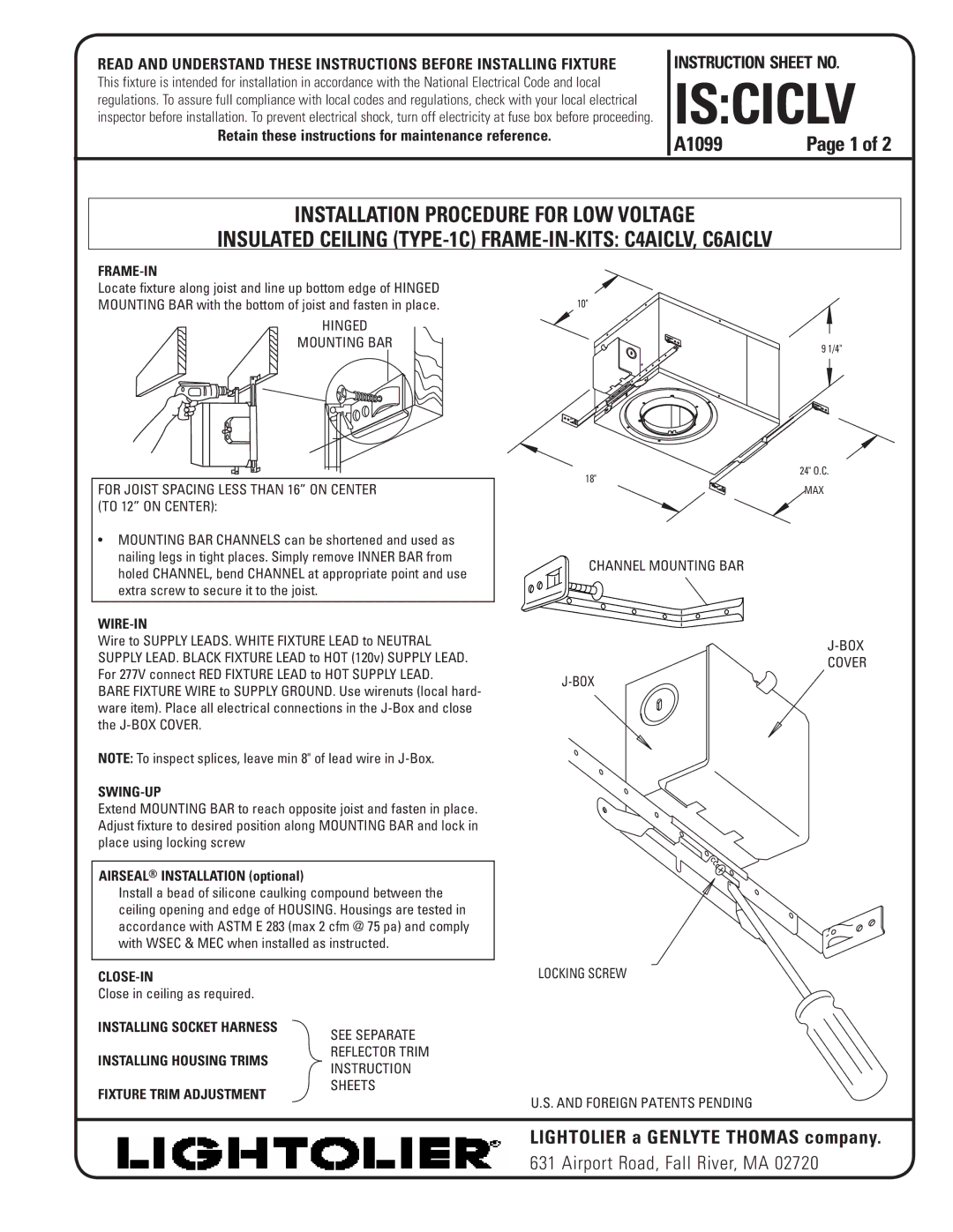 Lightolier C6AICLV, C4AICLV instruction sheet Frame-In, Wire-In, Swing-Up, Airseal Installation optional, Close-In 