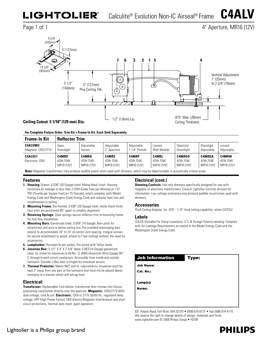Lightolier C4ALV manual Aperture, MR16 