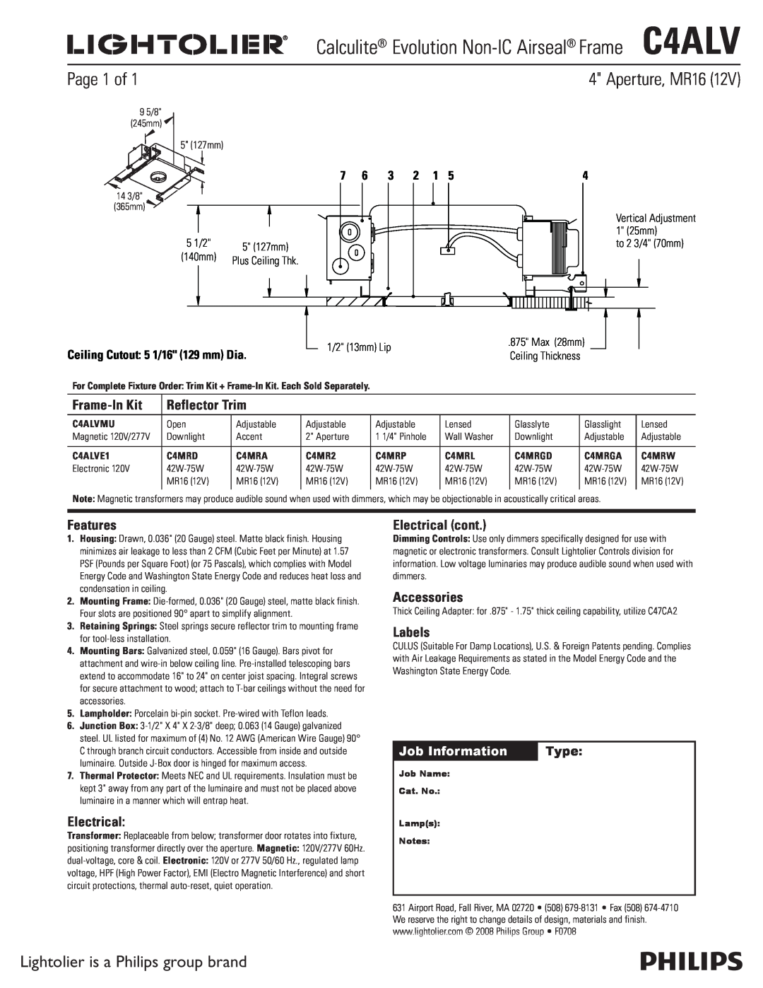 Lightolier manual Aperture, MR16, Calculite Evolution Non-ICAirseal FrameC4ALV, Page 1 of, Frame-InKit, Reflector Trim 