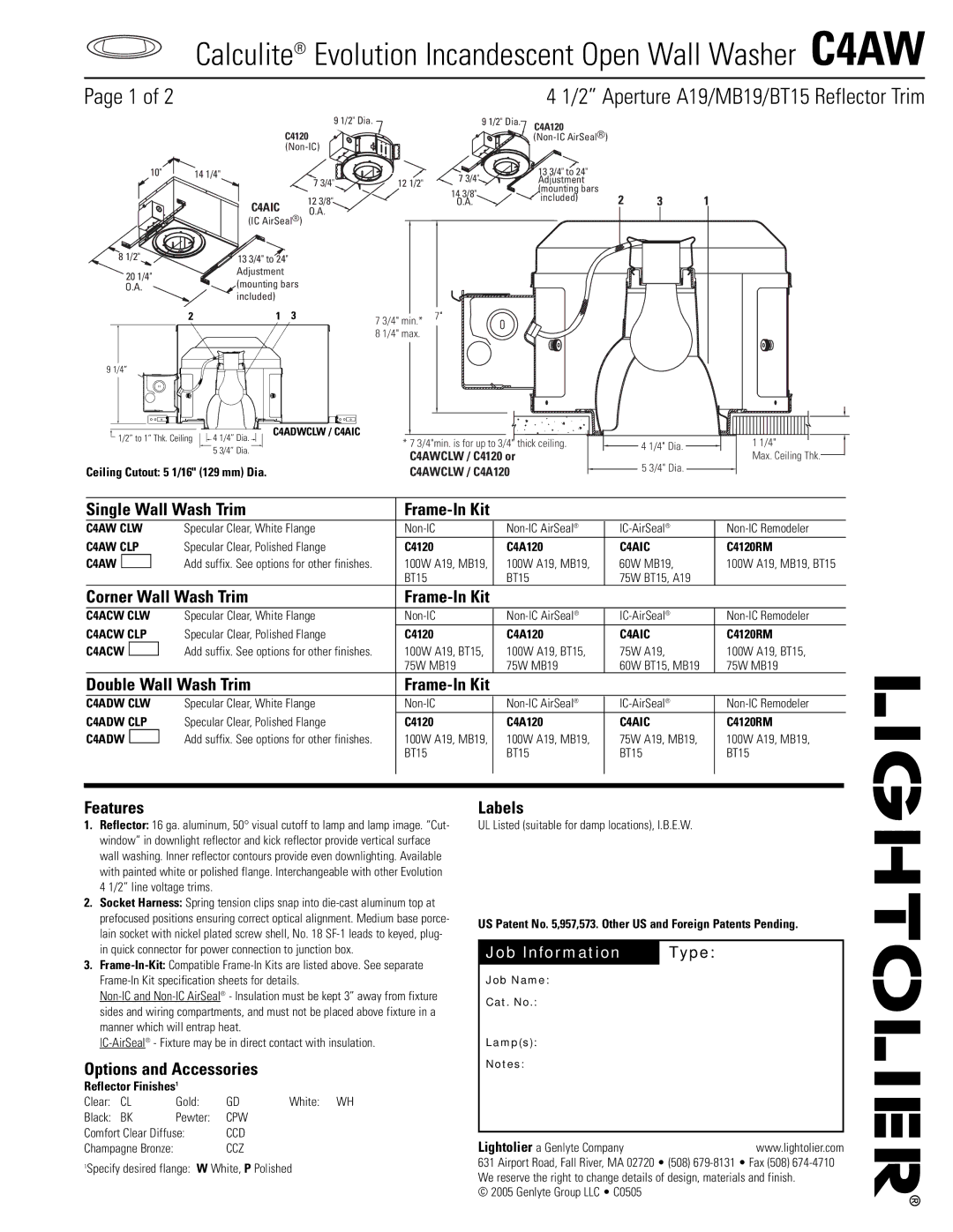 Lightolier C4AW specifications Single Wall Wash Trim, Corner Wall Wash Trim, Double Wall Wash Trim, Features, Labels 