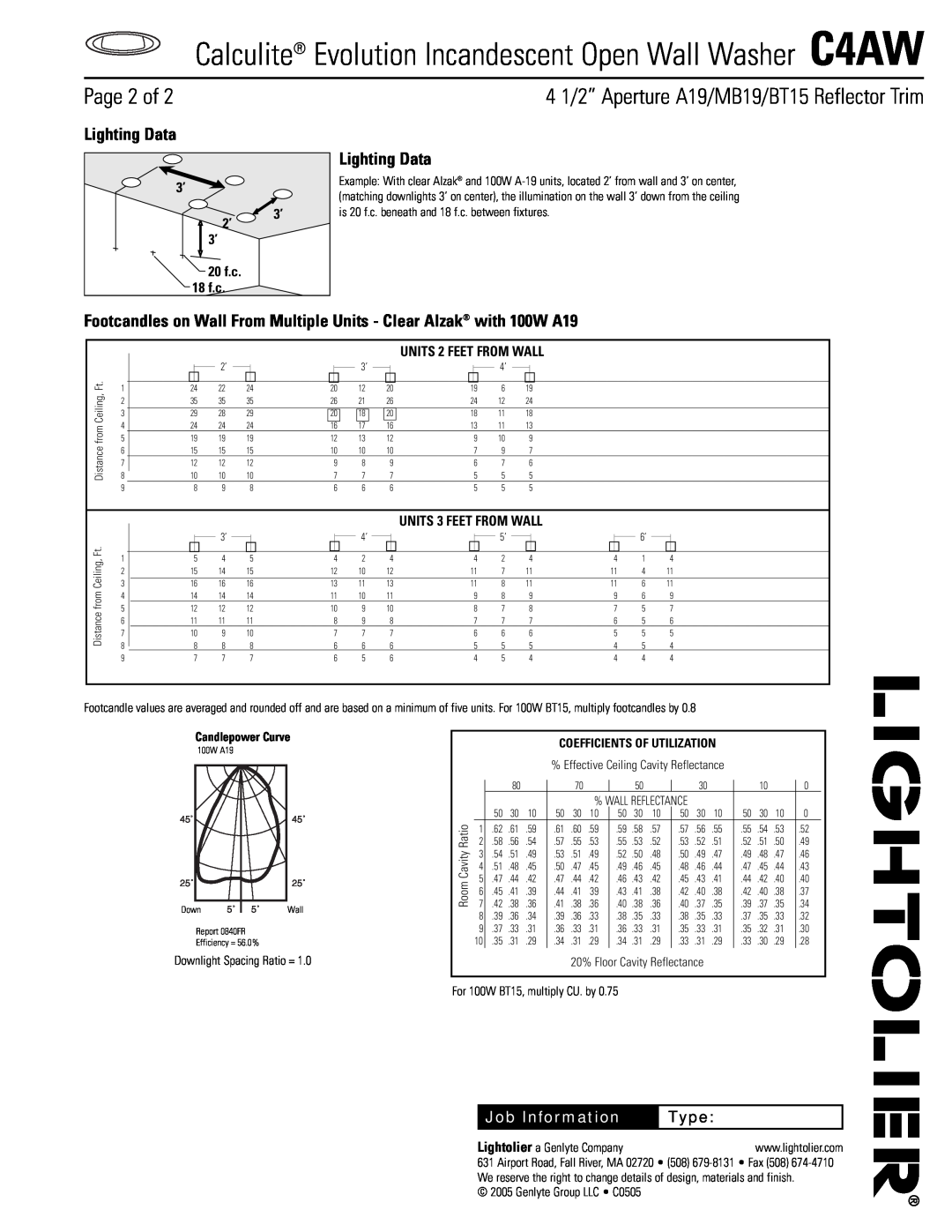 Lightolier C4AW Page 2 of, Lighting Data, Type, 4 1/2” Aperture A19/MB19/BT15 Reflector Trim, Job Information, 20 f.c 