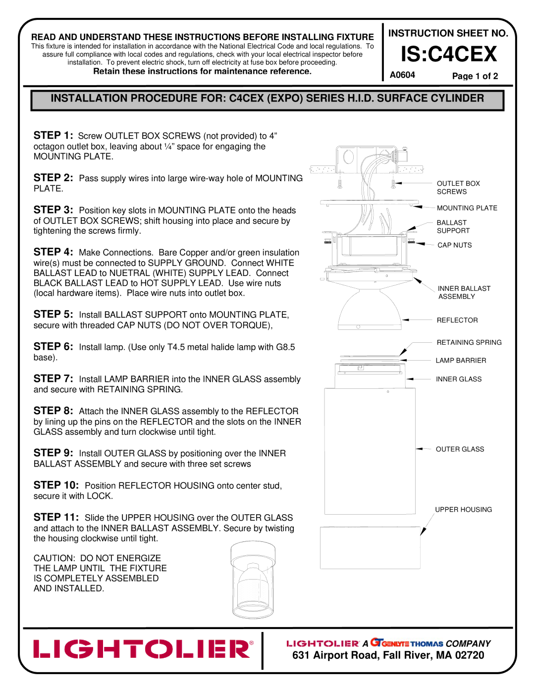 Lightolier instruction sheet ISC4CEX, Airport Road, Fall River, MA, Mounting Plate 