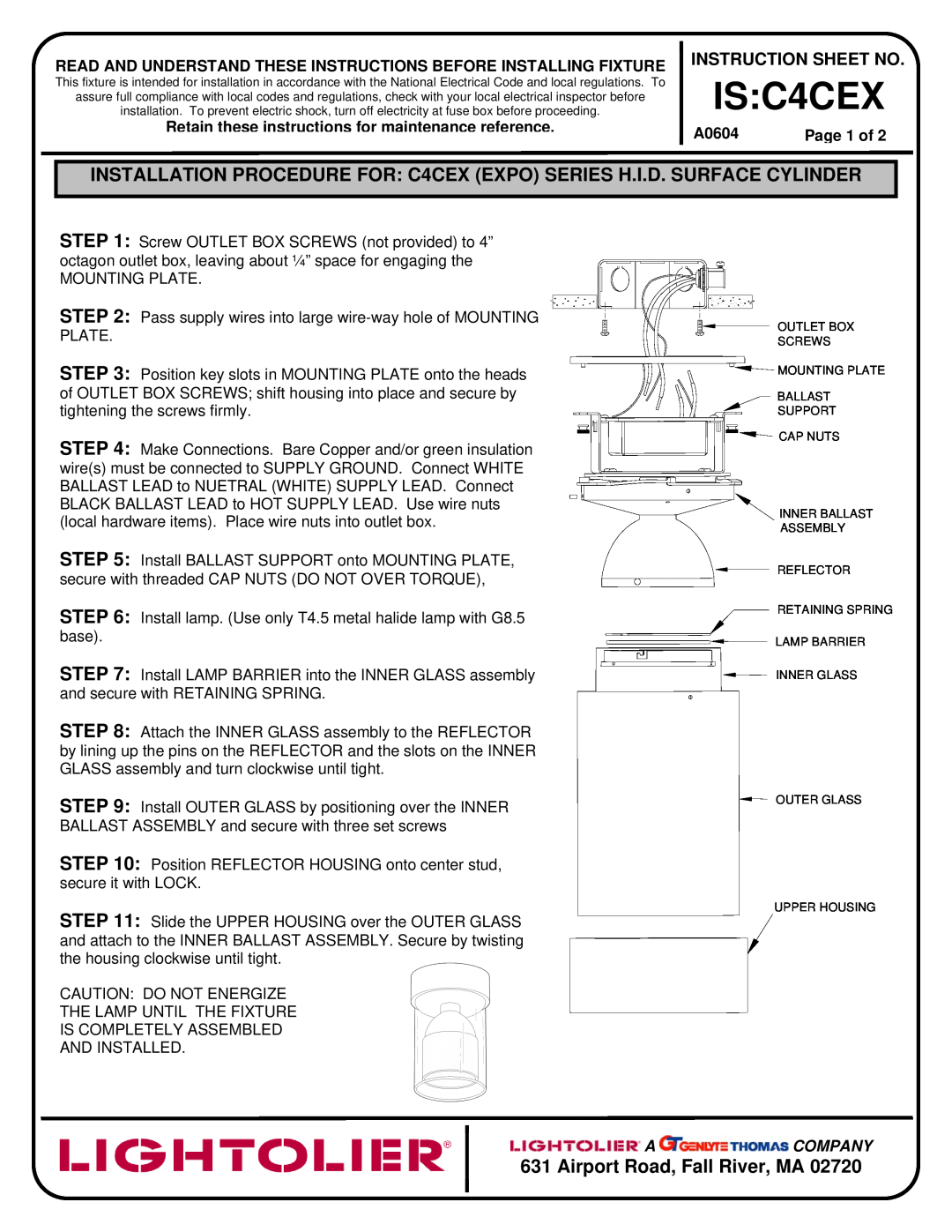 Lightolier instruction sheet IS C4CEX, Airport Road, Fall River, MA, Instruction Sheet No, A0604, Page 1 of, A Company 