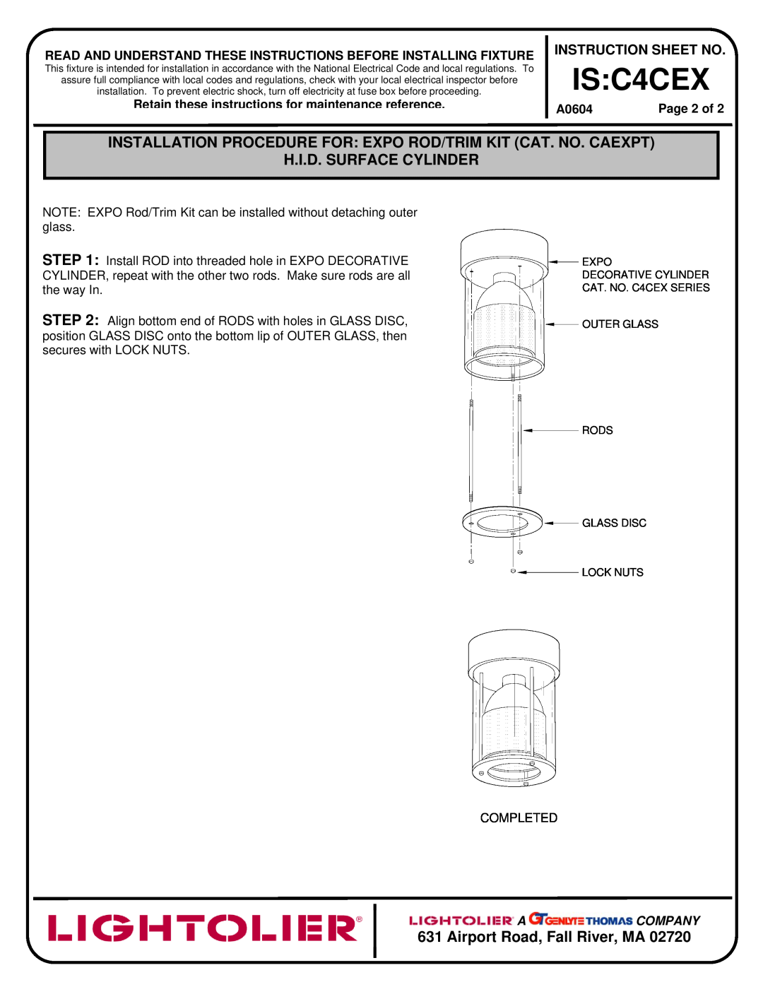 Lightolier H.I.D. Surface Cylinder, Page 2 of, IS C4CEX, Airport Road, Fall River, MA, Instruction Sheet No, A0604 