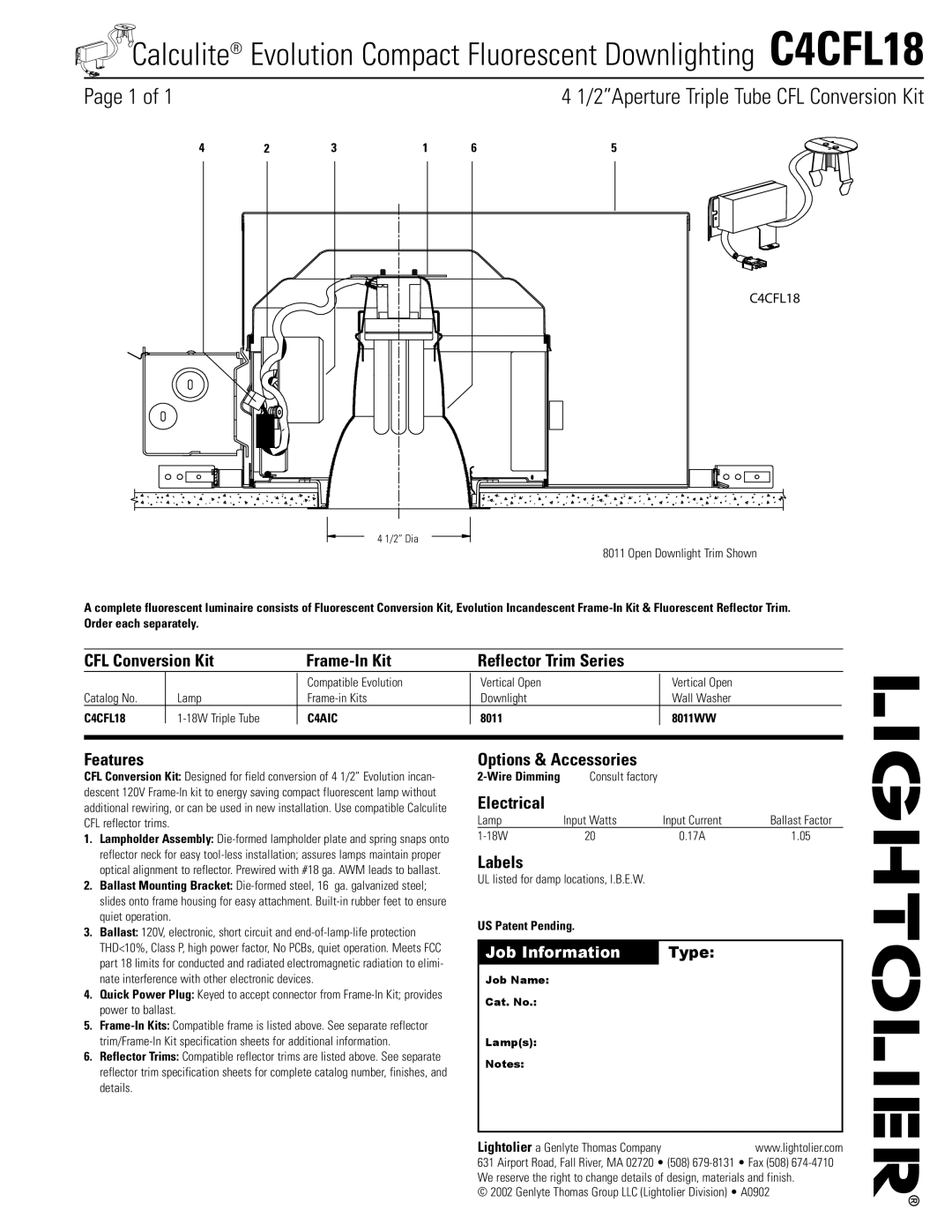 Lightolier C4CFL18 specifications 2Aperture Triple Tube CFL Conversion Kit 