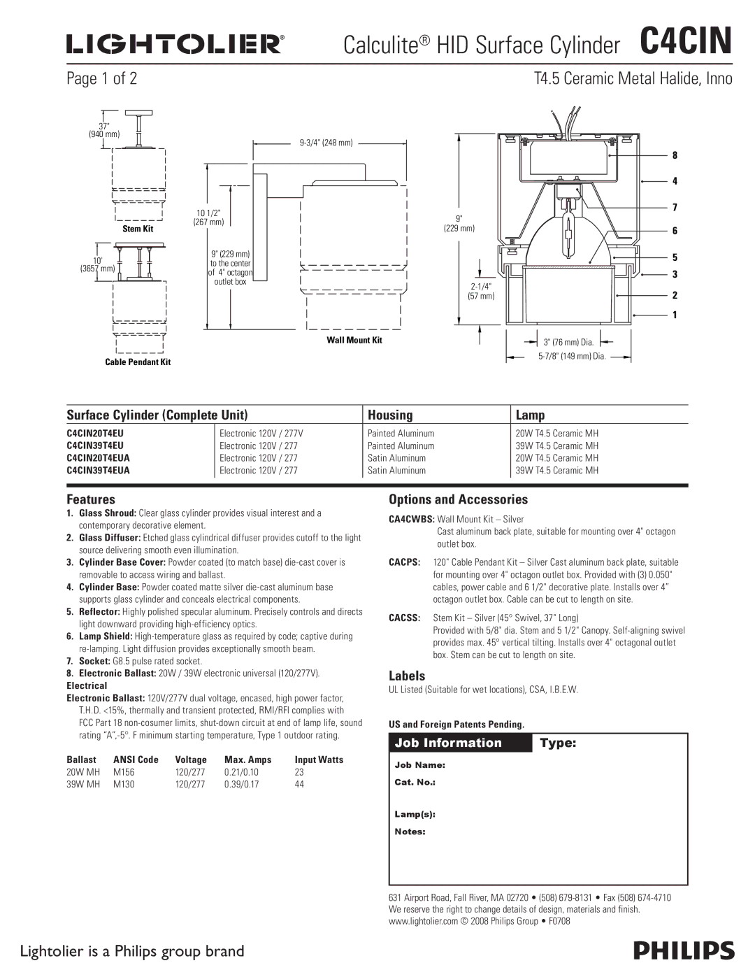 Lightolier C4CIN manual Surface Cylinder Complete Unit Housing Lamp, Features, Options and Accessories, Labels 