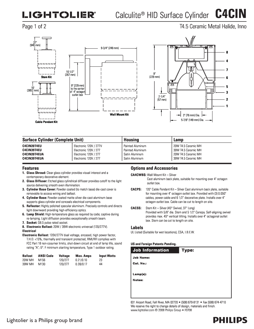 Lightolier C4CIN manual Page 1 of, Lightolier is a Philips group brand, Surface Cylinder Complete Unit, Housing, Lamp 