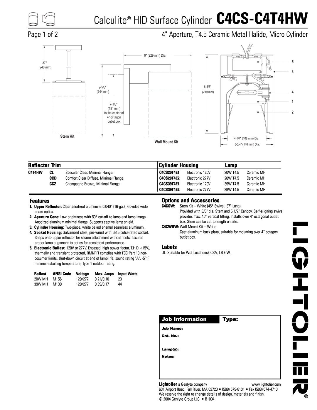 Lightolier manual Page 1 of, Job Information, Type, Calculite HID Surface Cylinder C4CS-C4T4HW, Cylinder Housing, Lamp 