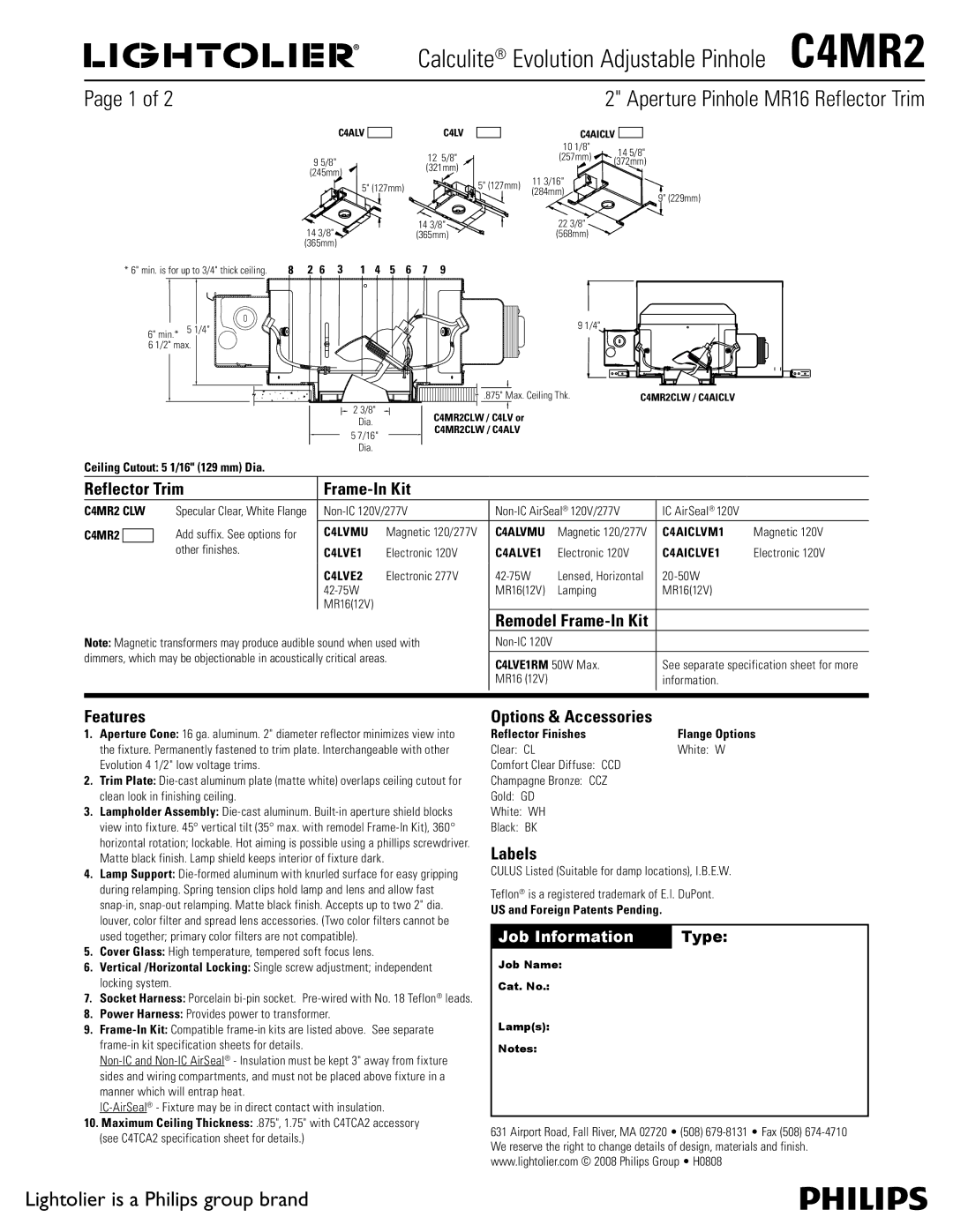 Lightolier C4MR2 specifications Reflector Trim Frame-In Kit, Features, Options & Accessories, Labels 