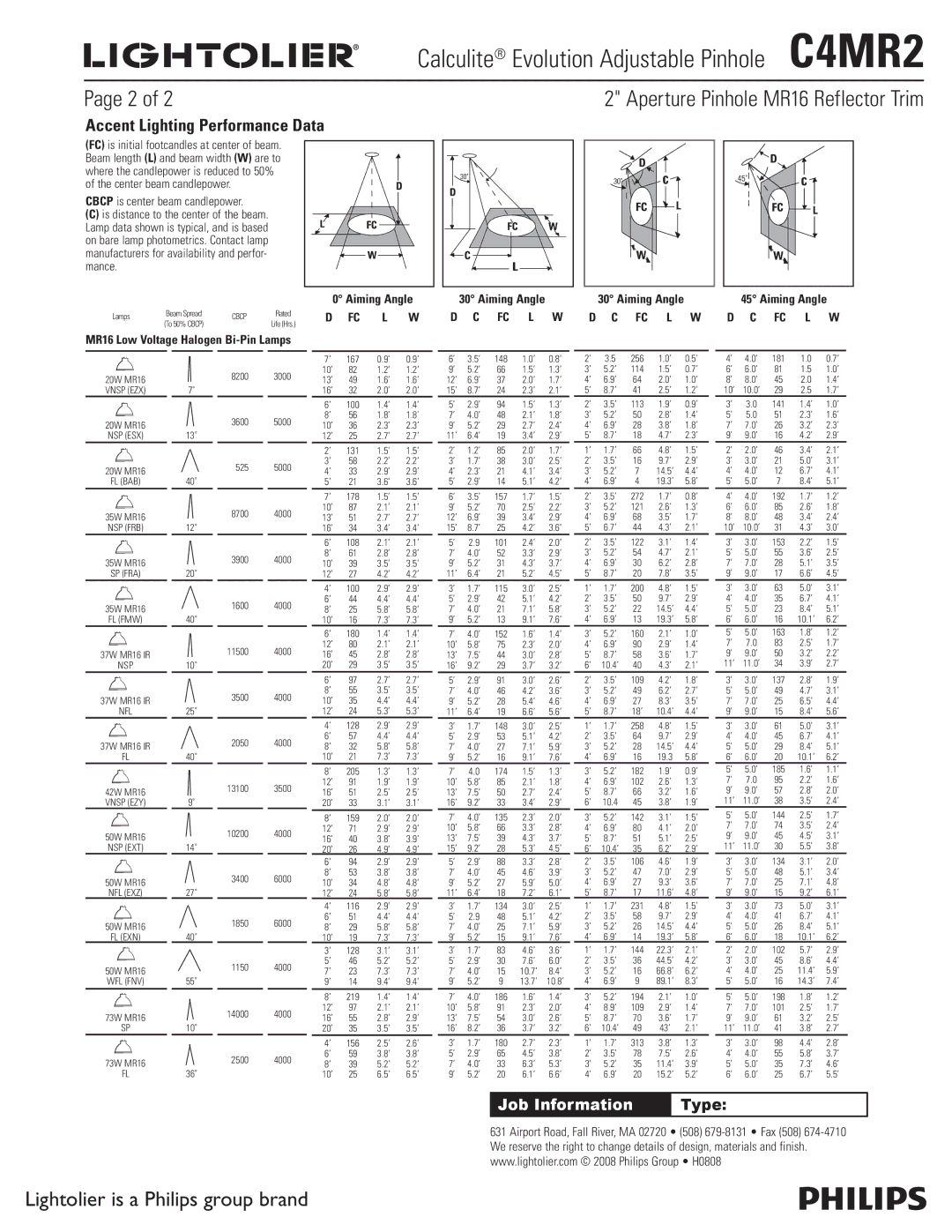 Lightolier specifications Calculite Evolution Adjustable Pinhole C4MR2 