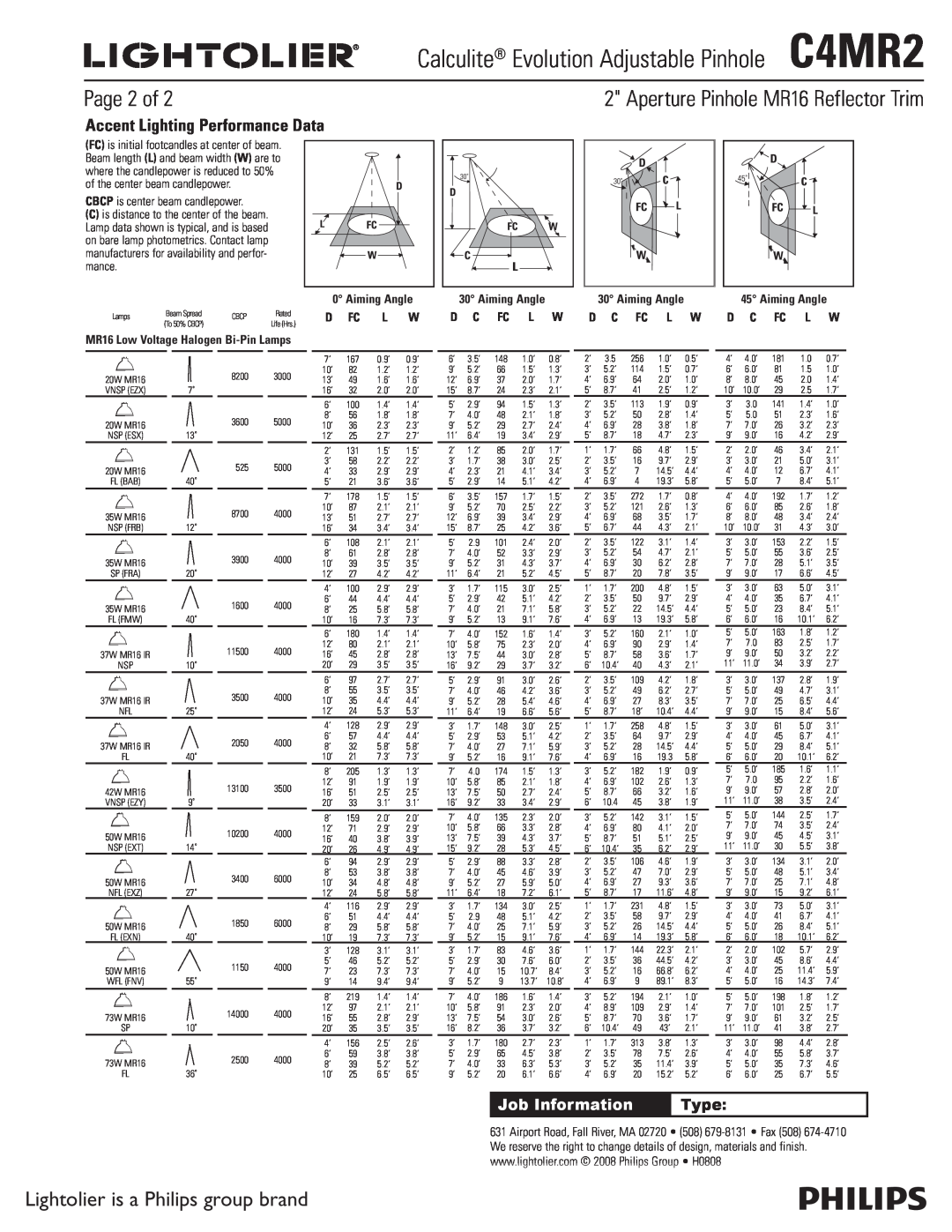 Lightolier Page 2 of, Calculite Evolution Adjustable PinholeC4MR2, Aperture Pinhole MR16 Reflector Trim, Type, D Fc 