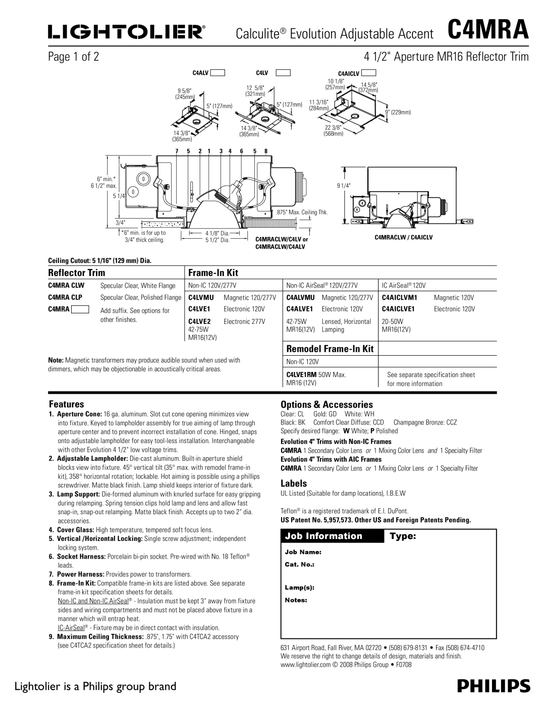 Lightolier C4MRA specifications Reflector Trim Frame-In Kit, Features, Options & Accessories, Labels 