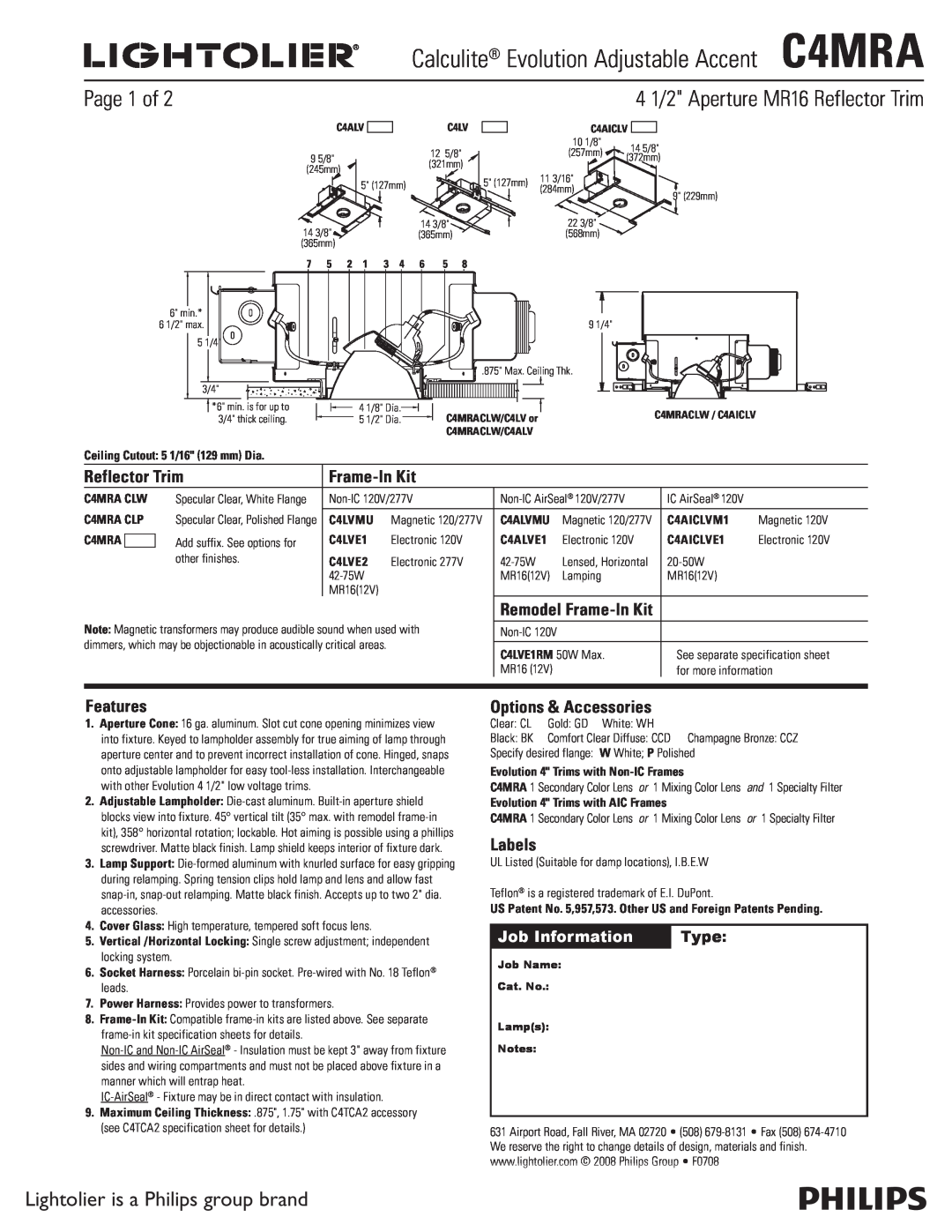 Lightolier C4MRA specifications Page 1 of, Lightolier is a Philips group brand, Reflector Trim, Frame-InKit, Features 
