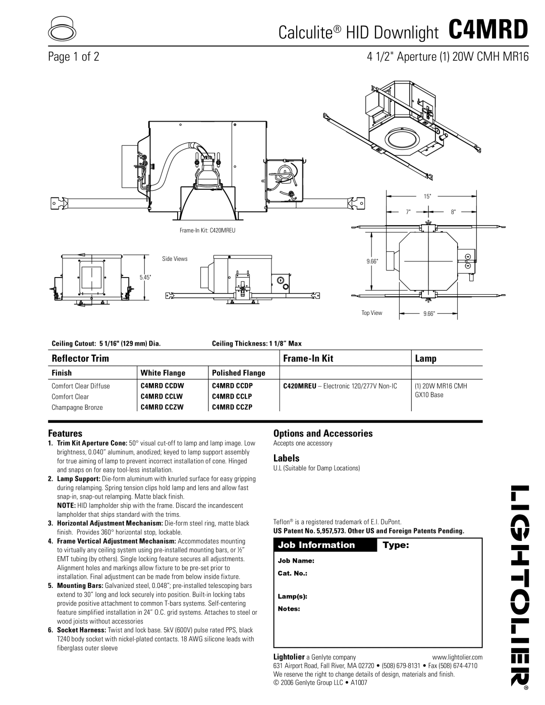 Lightolier C4MRD HID manual Reflector Trim Frame-In Kit Lamp, Features, Options and Accessories, Labels 