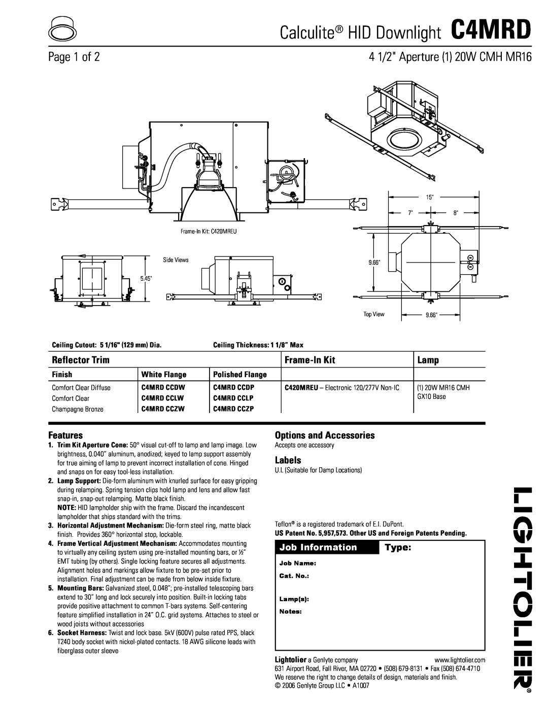 Lightolier C4MRD HID manual Calculite HID Downlight C4MRD, Page of, 4 1/2 Aperture 1 20W CMH MR16, Job Information, Type 