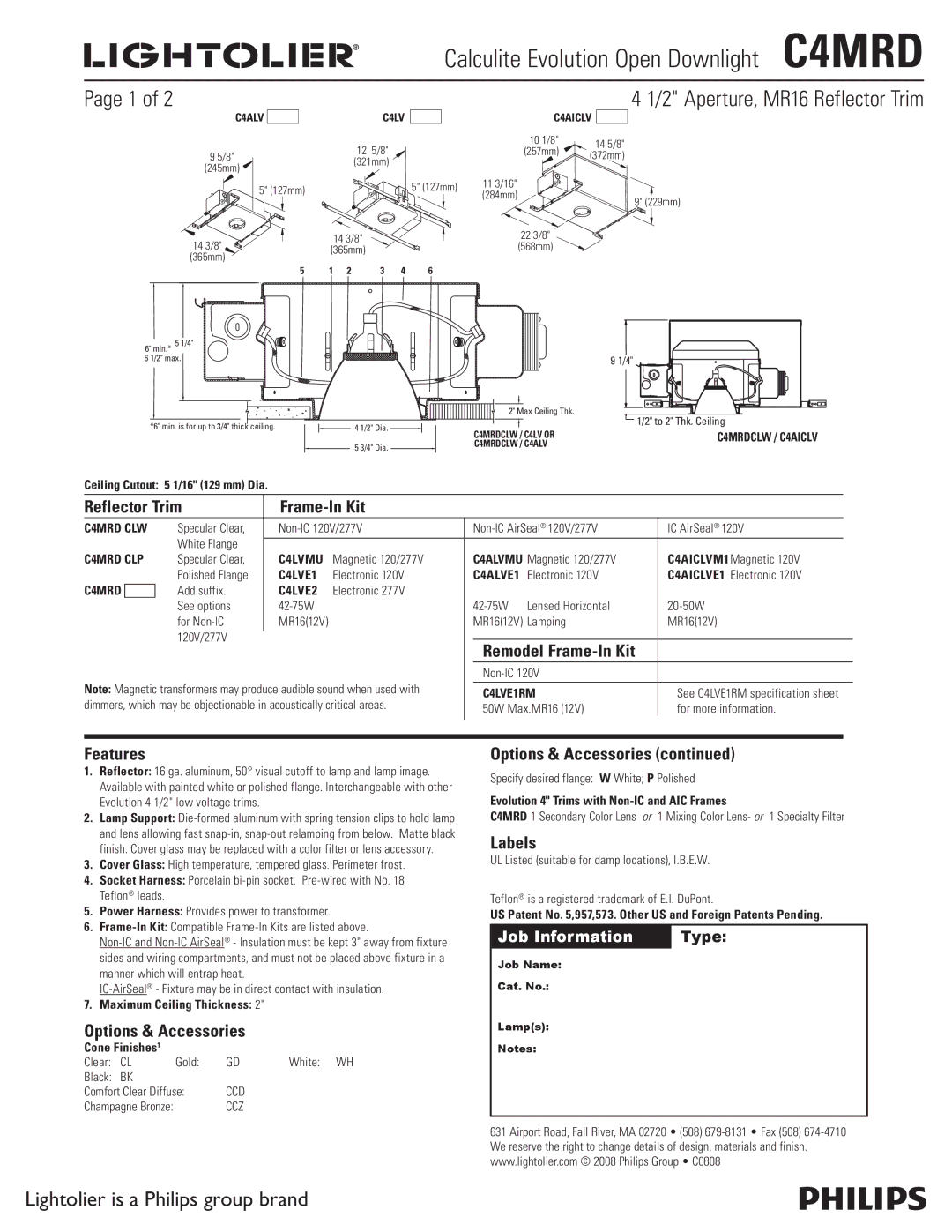 Lightolier C4MRD specifications Aperture, MR16 Reflector Trim, Lightolier is a Philips group brand 