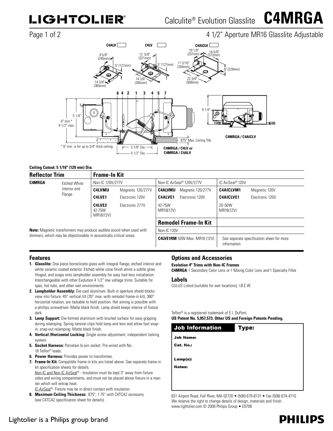 Lightolier C4MRGA specifications Reflector Trim, Features, Options and Accessories, Labels 