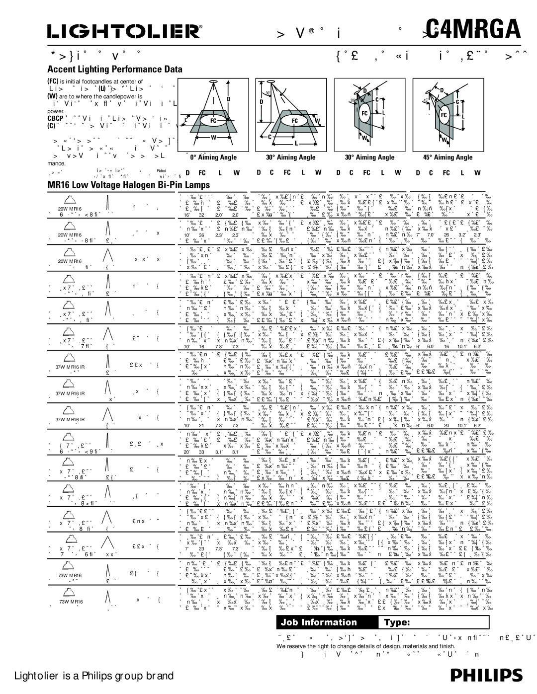 Lightolier C4MRGA specifications Accent Lighting Performance Data, MR16 Low Voltage Halogen Bi-Pin Lamps 