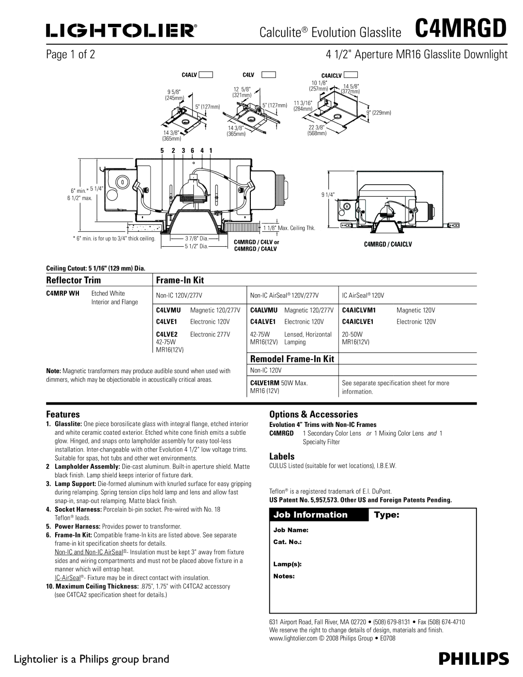 Lightolier C4MRGD specifications Aperture MR16 Glasslite Downlight, Lightolier is a Philips group brand 