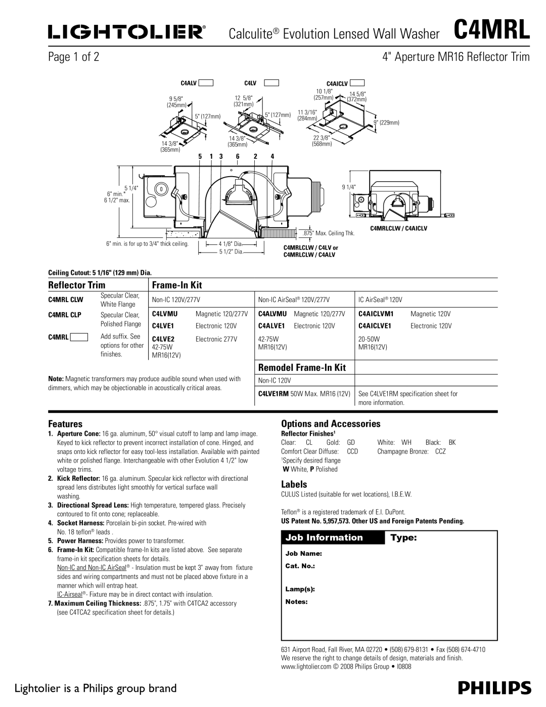 Lightolier C4MRL specifications Reflector Trim Frame-In Kit, Remodel Frame-In Kit, Features, Options and Accessories 