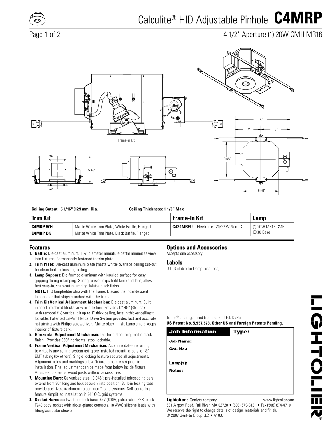 Lightolier C4MRP manual Trim Kit Frame-In Kit Lamp, Features, Options and Accessories, Labels 