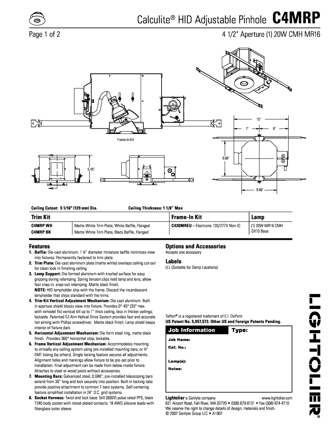 Lightolier manual Calculite HID Adjustable Pinhole C4MRP, Page of, 4 1/2 Aperture 1 20W CMH MR16, Job Information, Type 