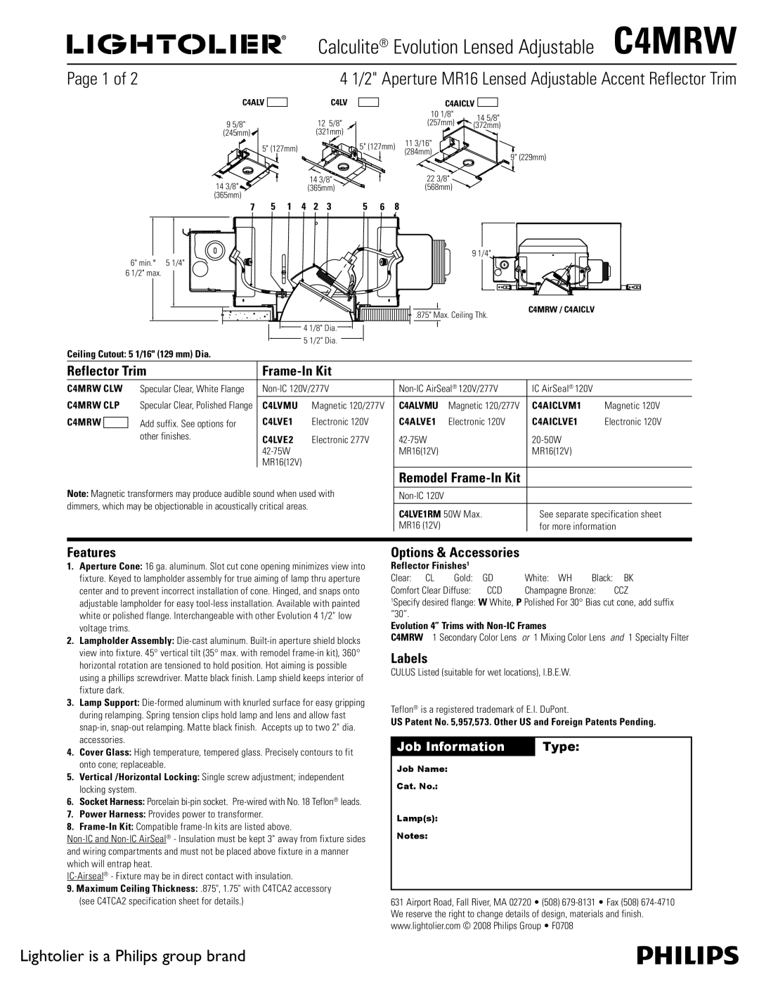 Lightolier C4MRW specifications Reflector Trim Frame-In Kit, Features, Options & Accessories, Labels 