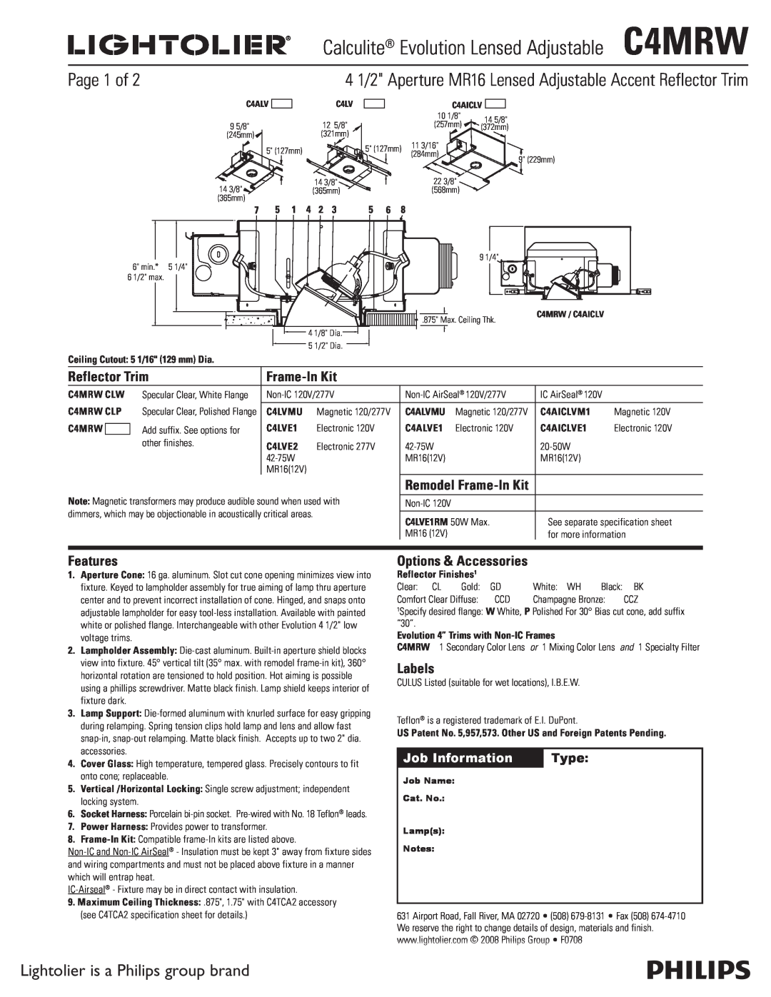 Lightolier C4MRW specifications Page 1 of, Lightolier is a Philips group brand, Job Information, Type, Reflector Trim 