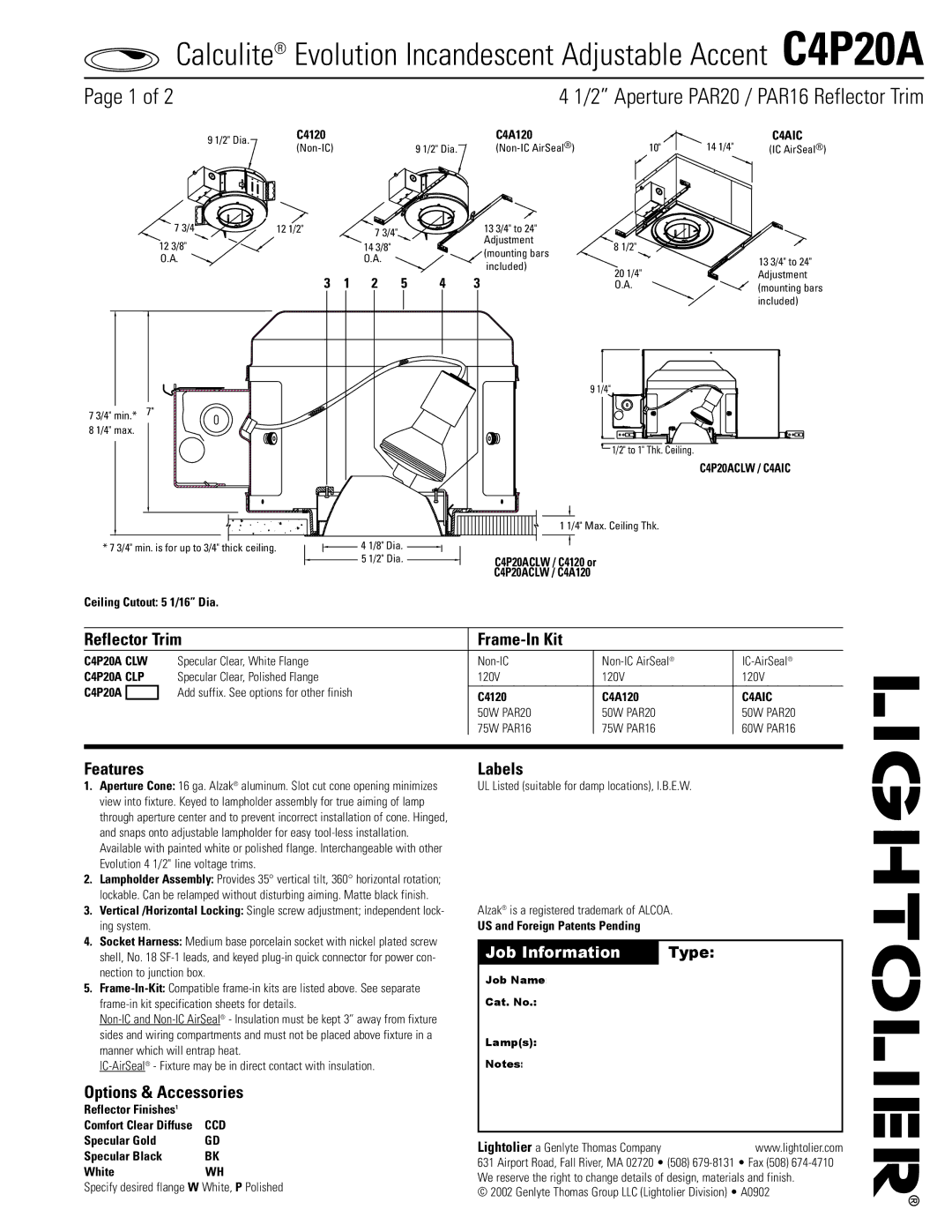 Lightolier C4P20A specifications Reflector Trim Frame-In Kit, Features, Options & Accessories, Labels 