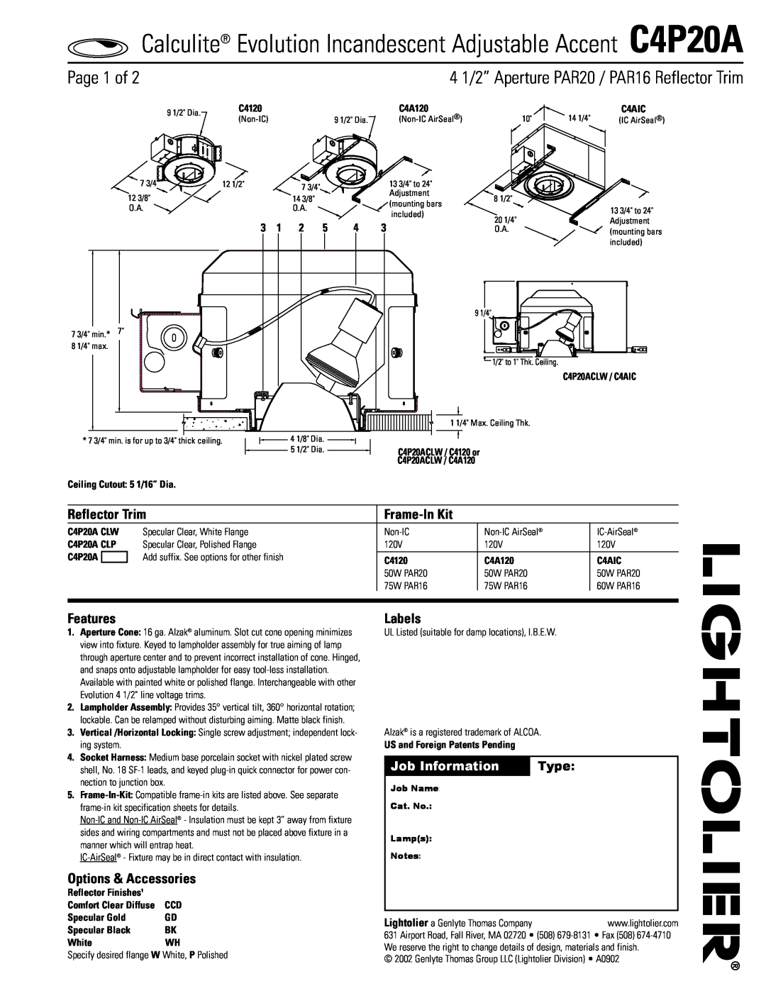 Lightolier C4P20A specifications Page 1 of, Reflector Trim, Frame-InKit, Features, Options & Accessories, Labels, Type 