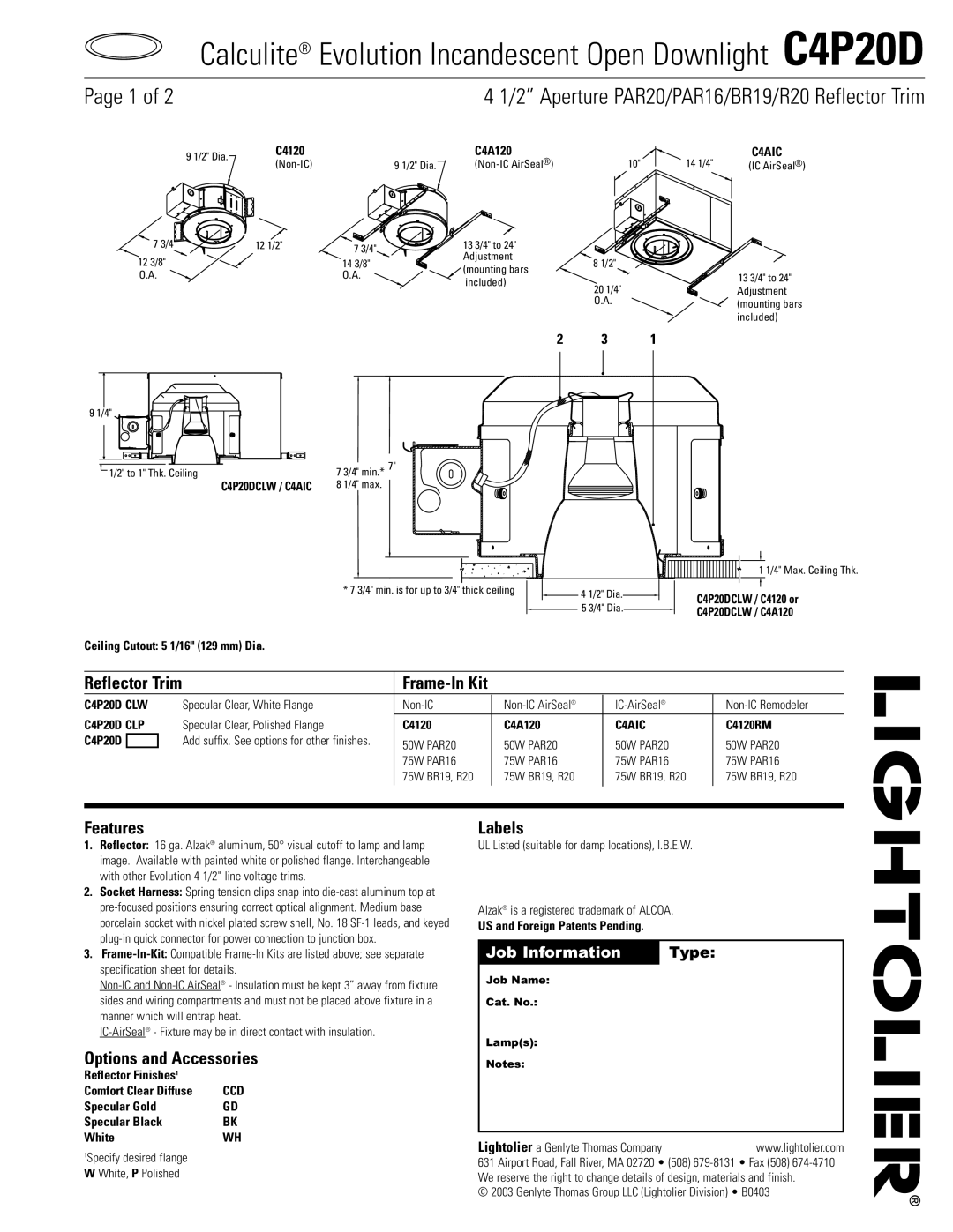 Lightolier C4P20D specifications Features, Options and Accessories, Labels 