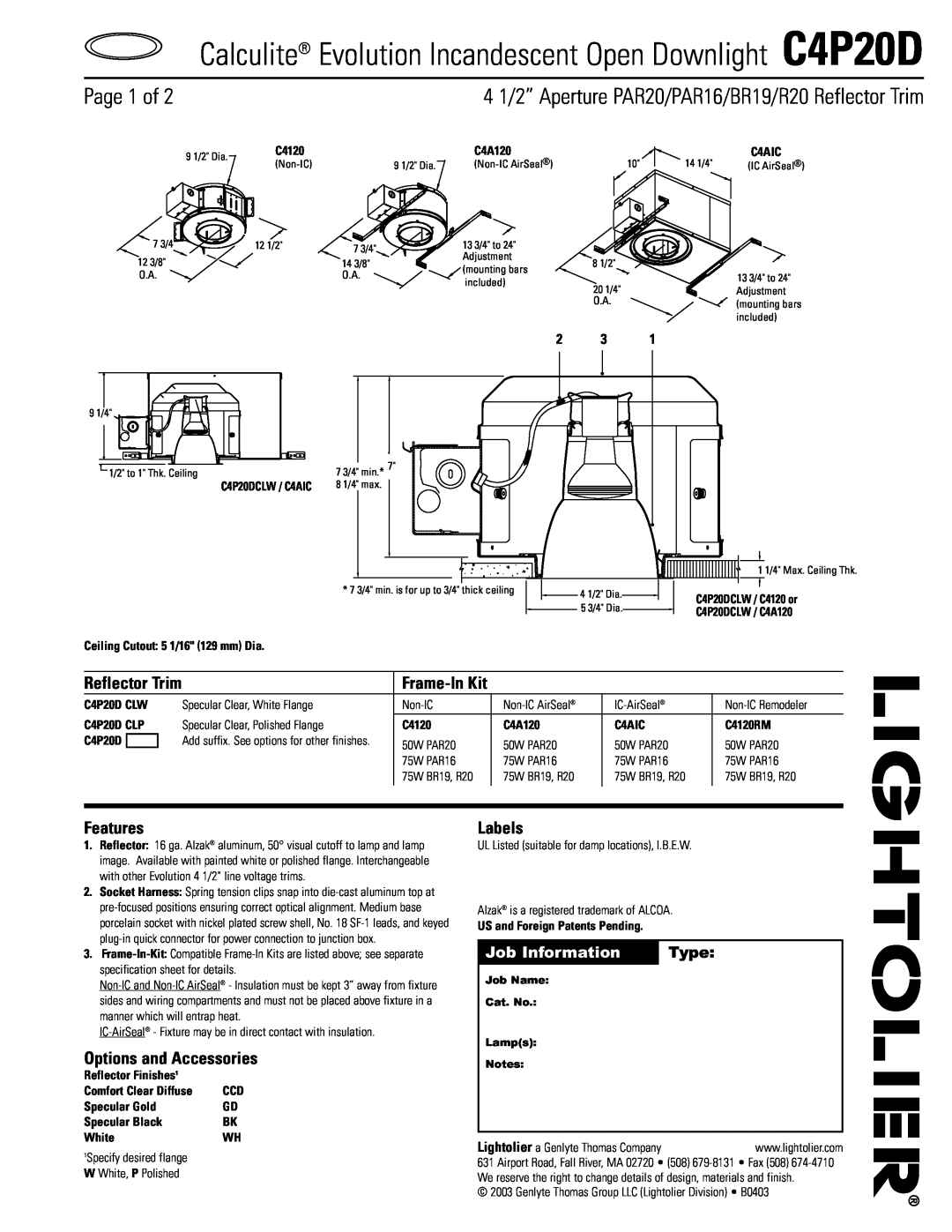 Lightolier C4P20D specifications Page 1 of, Job Information, Type, Features, Options and Accessories, Labels, Frame-InKit 