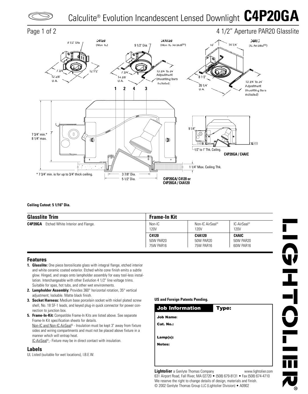 Lightolier C4P20GA specifications Glasslite Trim Frame-In Kit, Features, Labels 