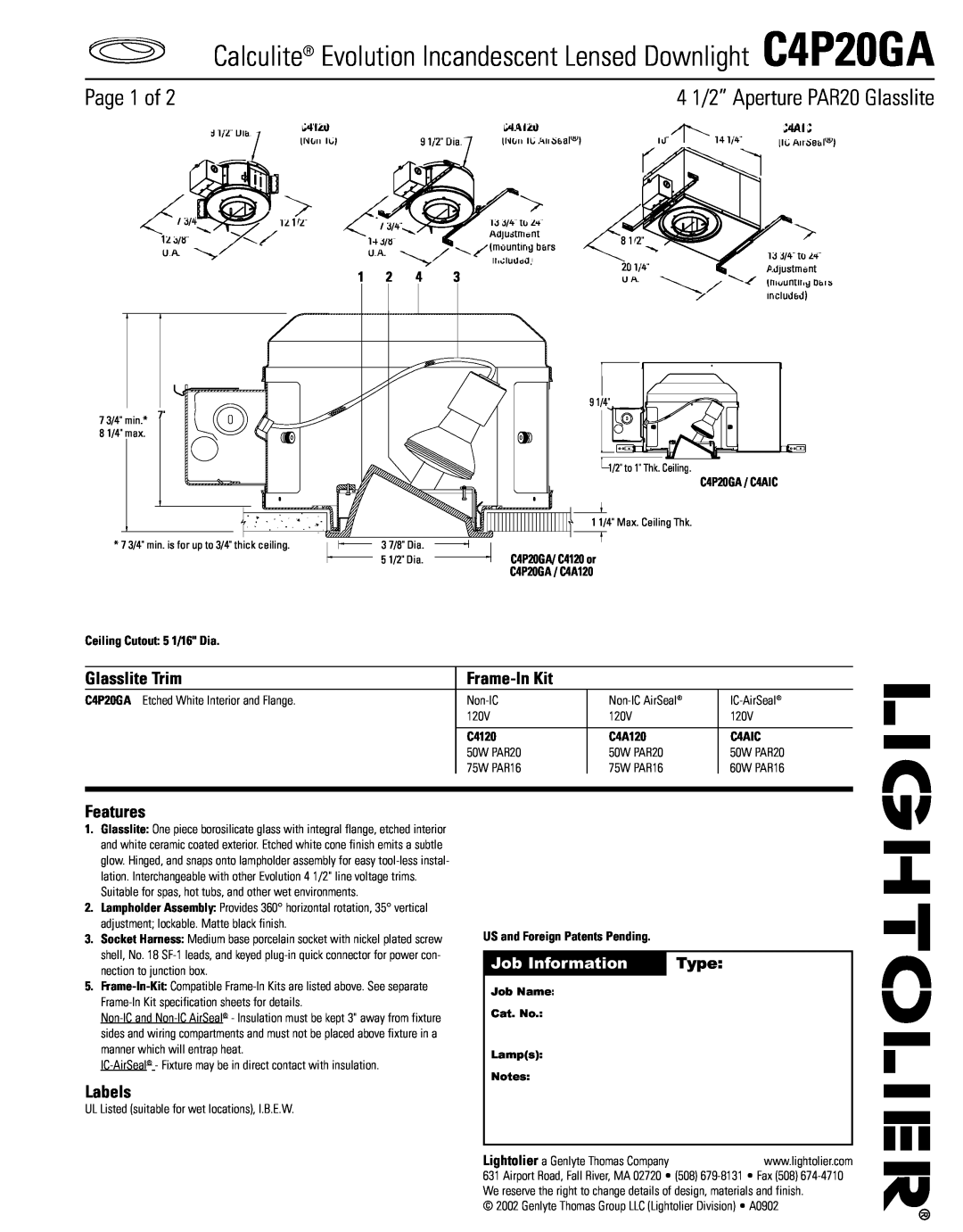 Lightolier C4P20GA specifications Page 1 of, Glasslite Trim, Frame-InKit, Features, Labels, Job Information, Type, C4120 