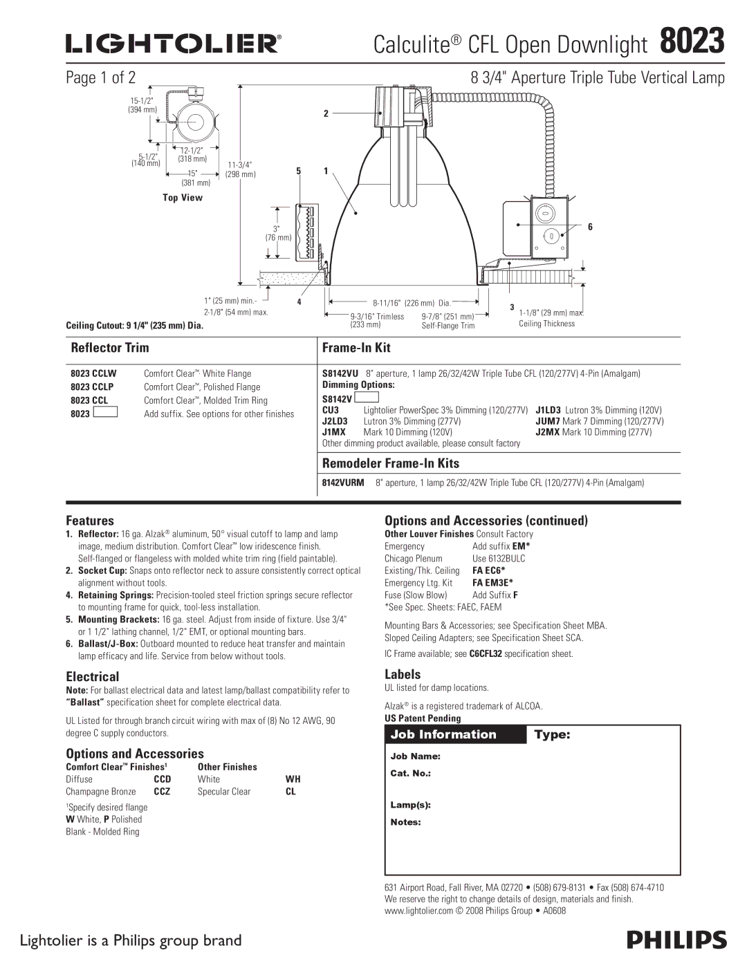 Lightolier C4P20GD specifications Reflector Trim Frame-In Kit, Remodeler Frame-In Kits, Features, Options and Accessories 