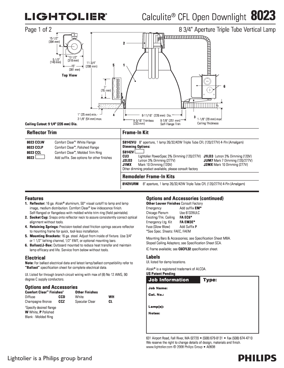 Lightolier C4P20GD specifications Page 1 of, Lightolier is a Philips group brand, 8 3/4 Aperture Triple Tube Vertical Lamp 