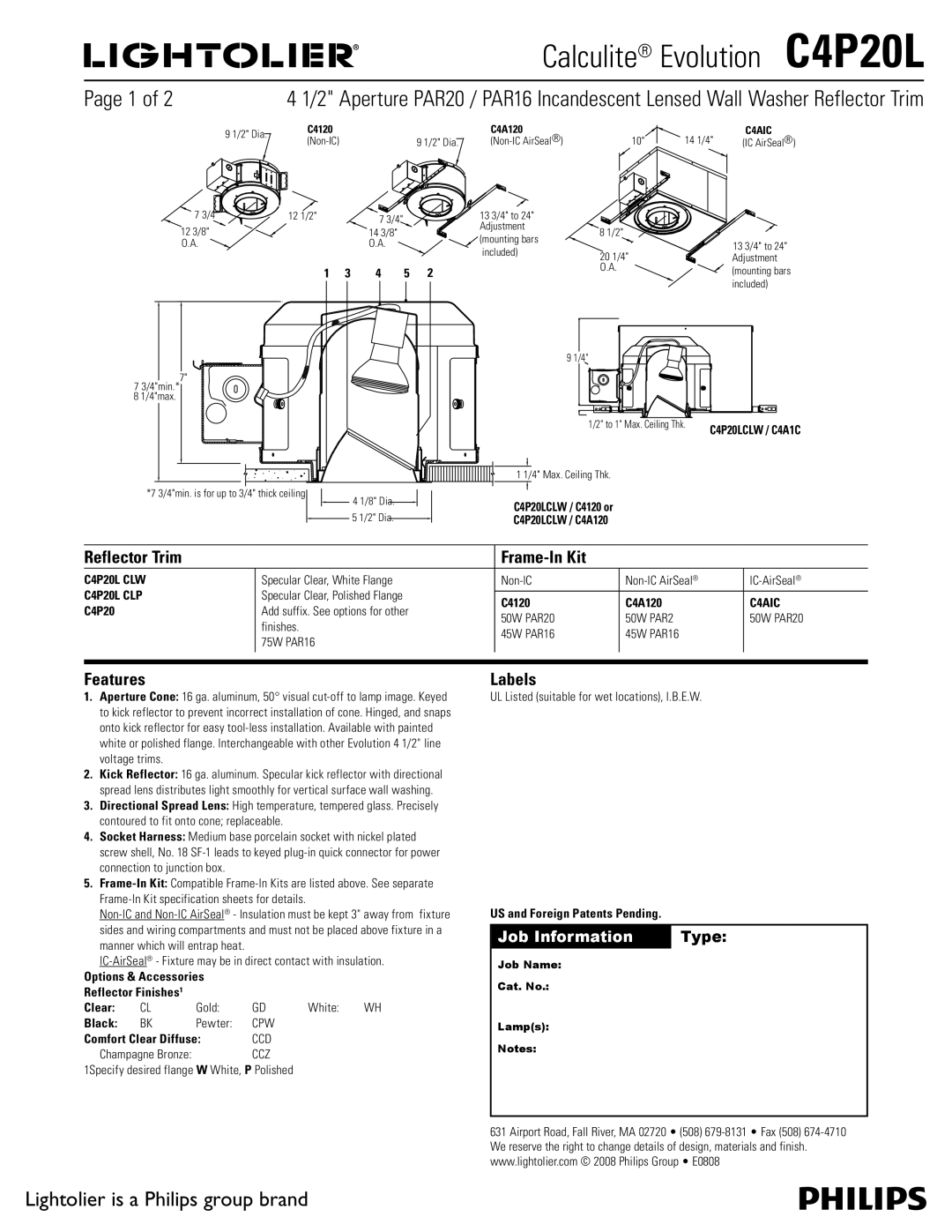 Lightolier C4P20L specifications Reflector Trim Frame-In Kit, Features, Labels 