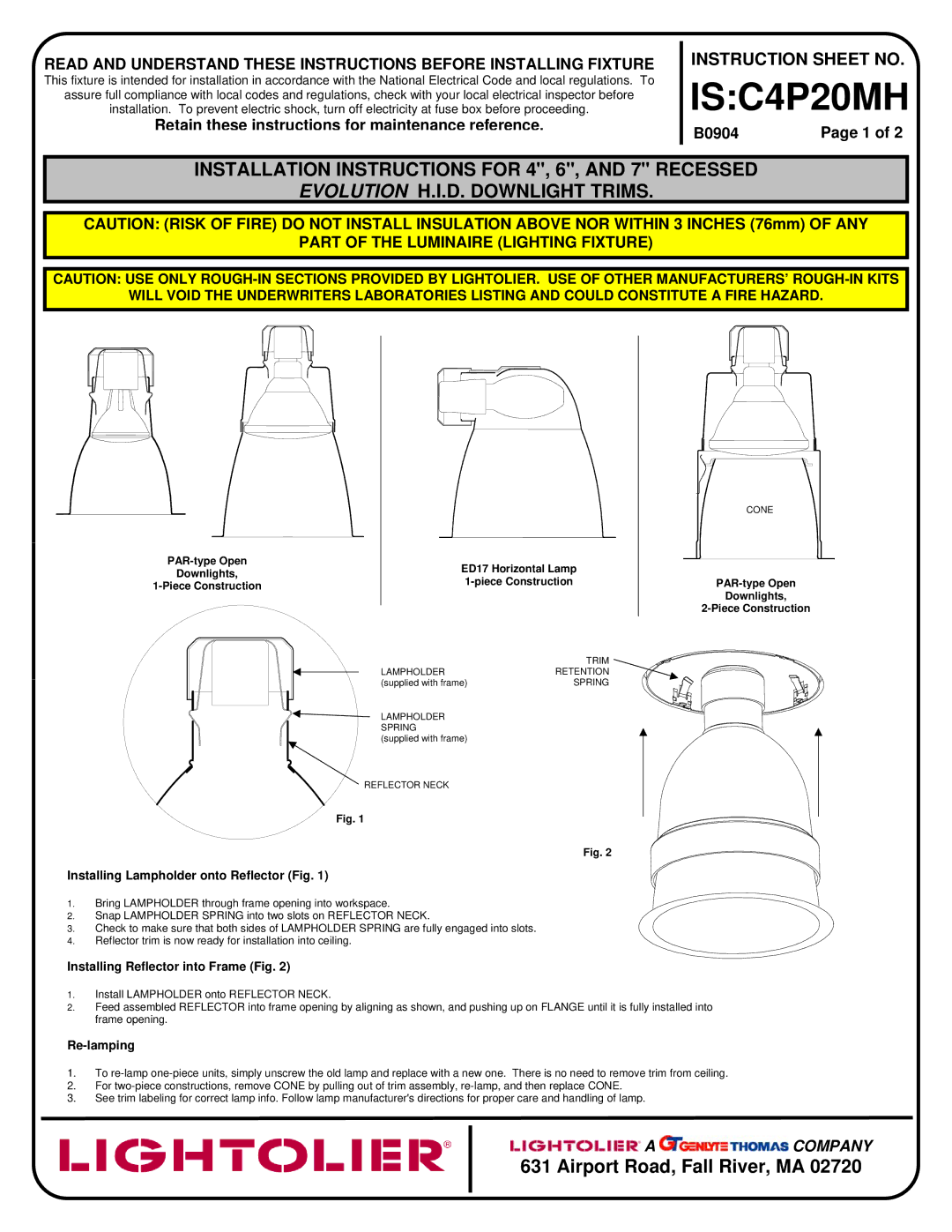 Lightolier C4P20MH installation instructions Installing Lampholder onto Reflector Fig, Installing Reflector into Frame Fig 