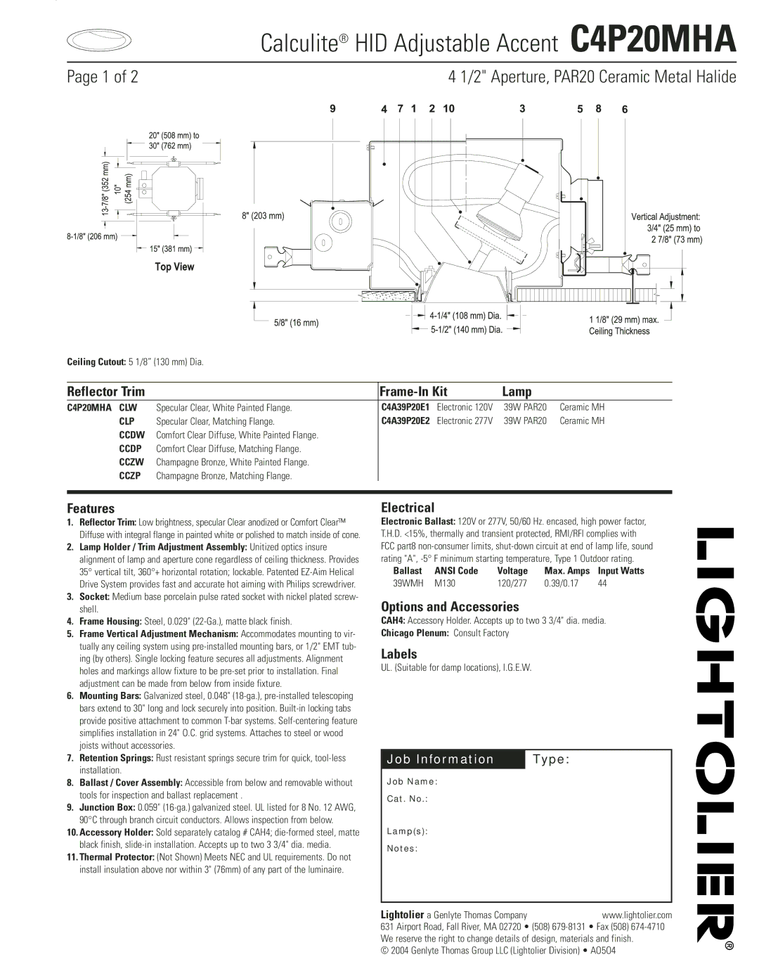 Lightolier C4P20MHA manual Frame-In Kit Lamp, Features, Electrical, Options and Accessories, Labels 