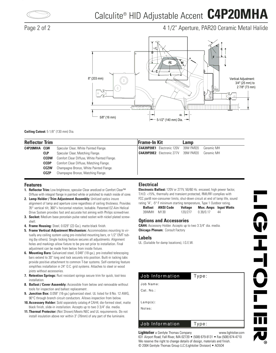 Lightolier manual Calculite HID Adjustable Accent C4P20MHA 