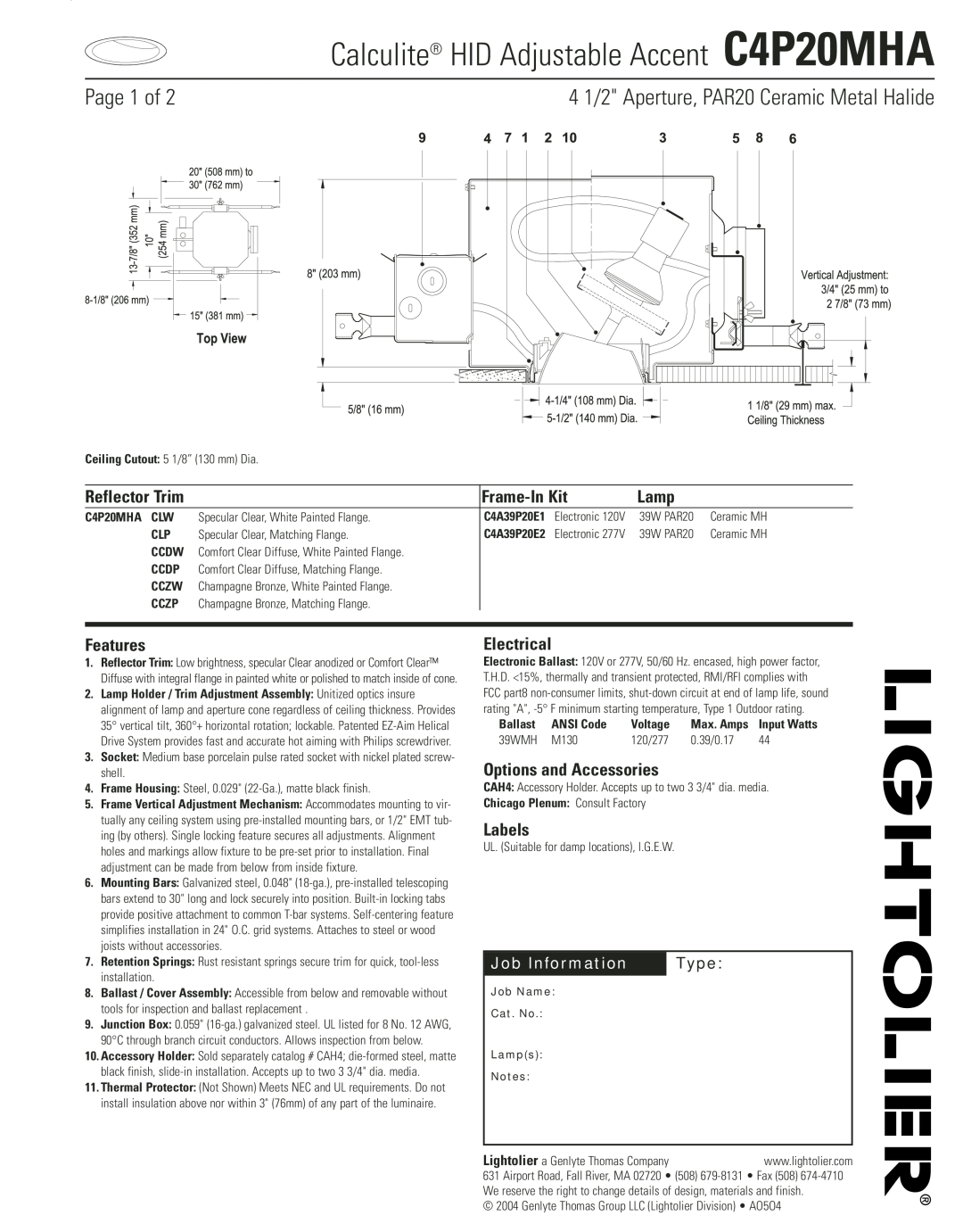 Lightolier C4P20MHA manual 4 1/2 Aperture, PAR20 Ceramic Metal Halide, Reflector Trim, Job Information, Type, Page 1 of 